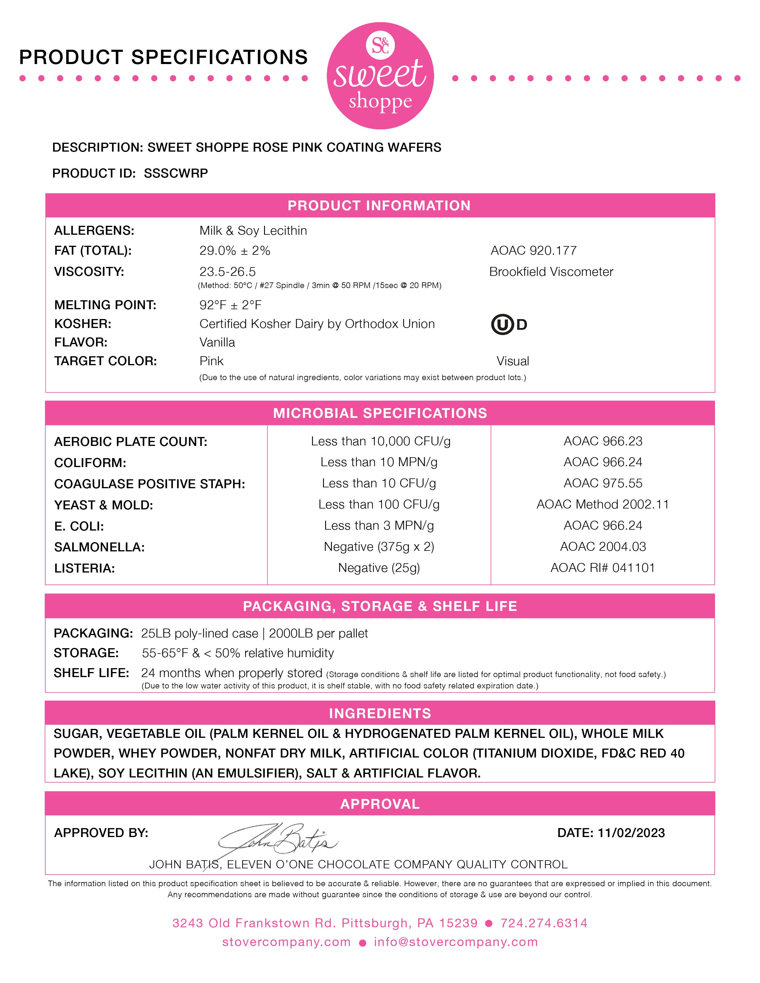 Sweet Shoppe Rose Pink Coating Wafers Nutritional Info by Stover & Company.