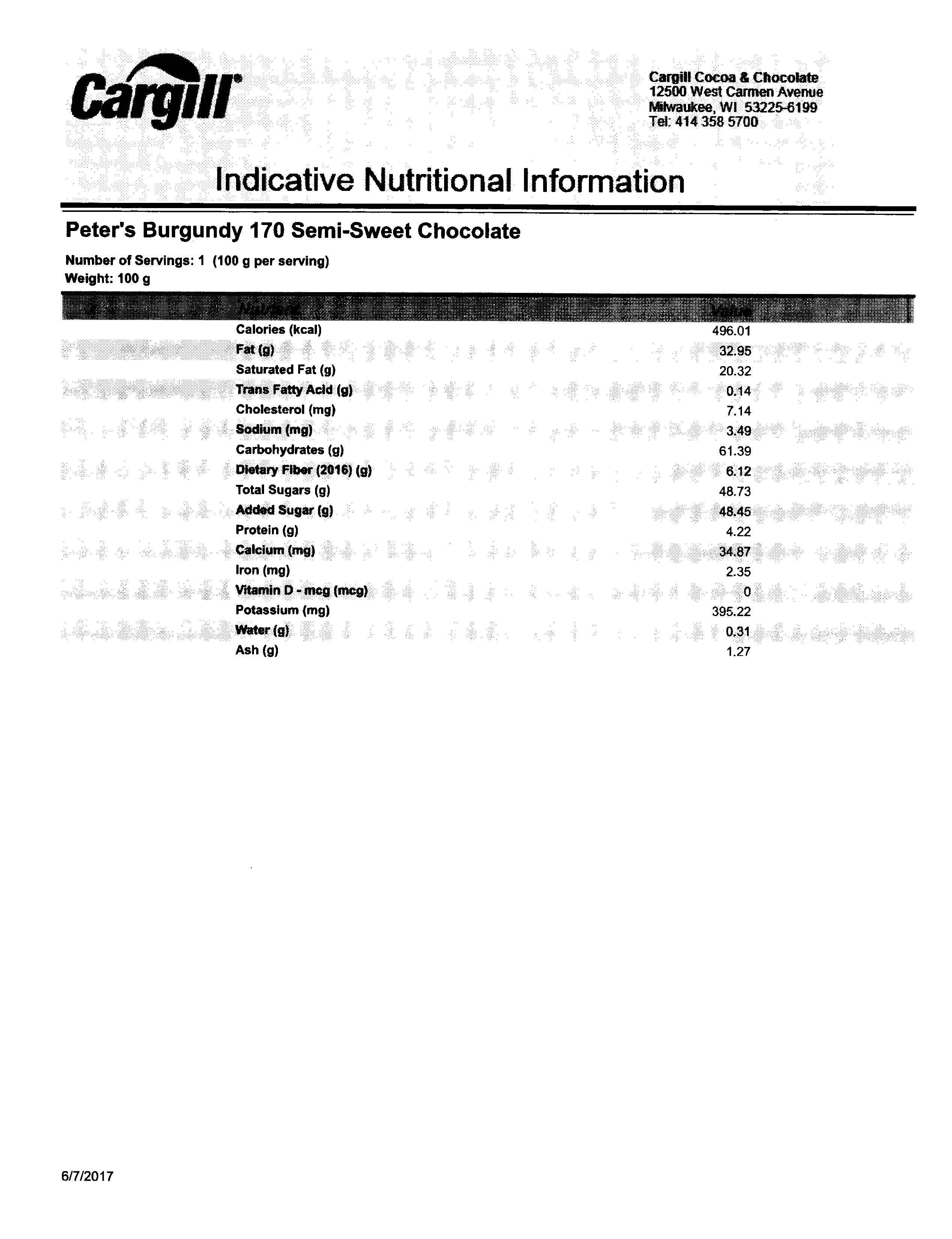 Burgundy 170 Dark Semi-Sweet Chocolate Nutritional Info Page 3 by Peter's Chocolate at Stover & Company