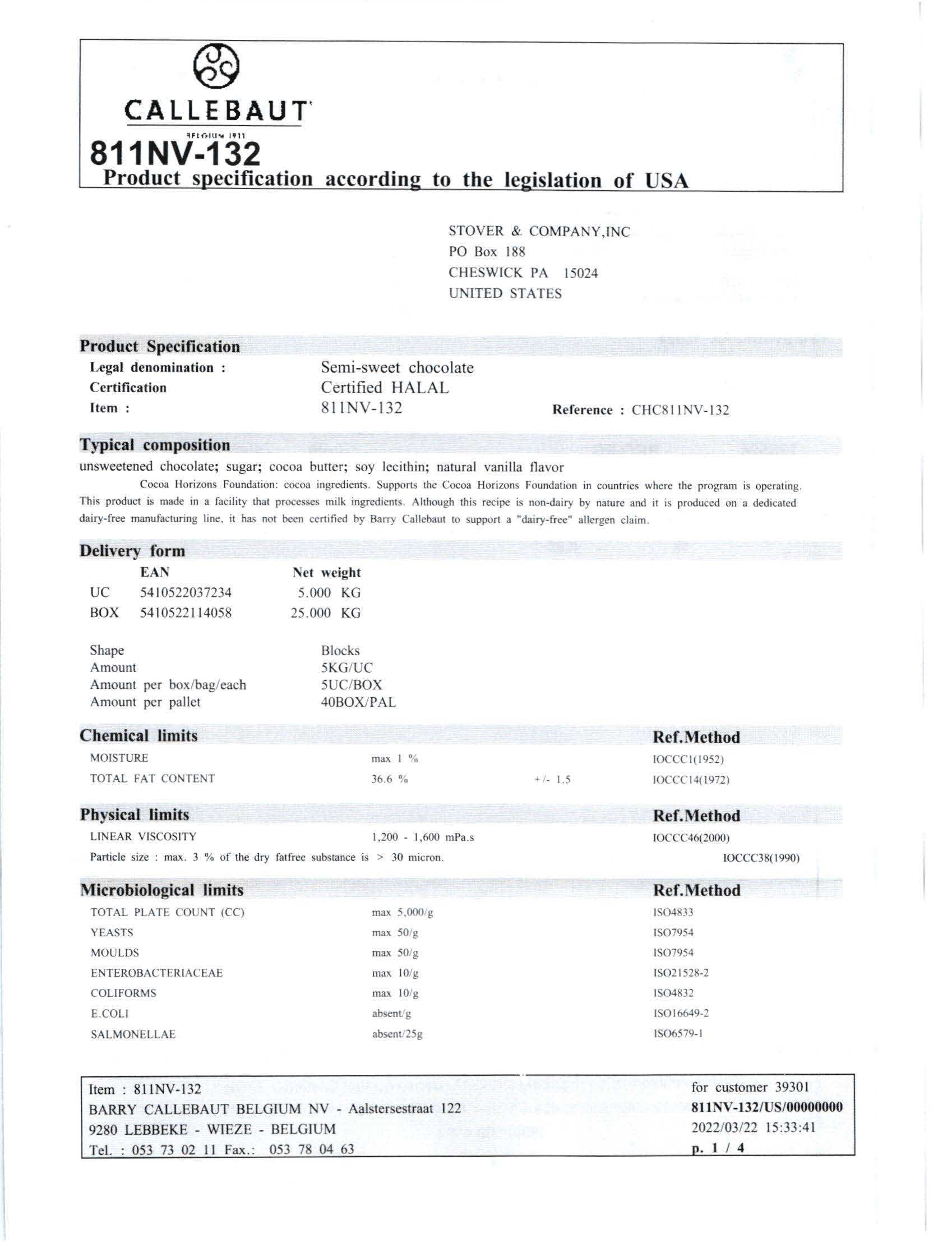 Dark Chocolate Bars 811 Nutritional Info Page 1 by Callebaut at Stover & Company