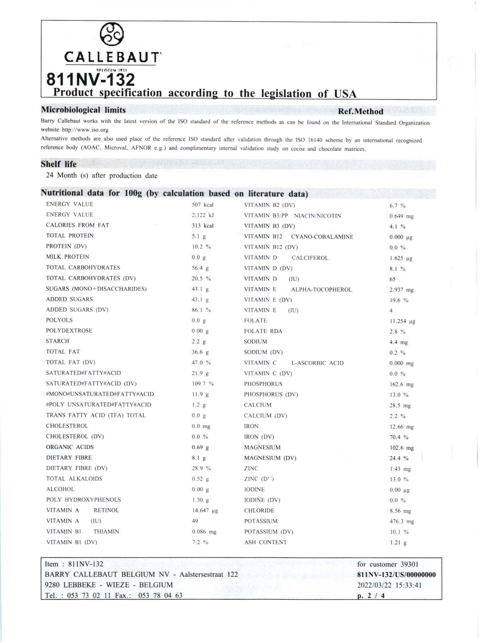 Dark Chocolate Bars 811 Nutritional Info Page 2 by Callebaut at Stover & Company