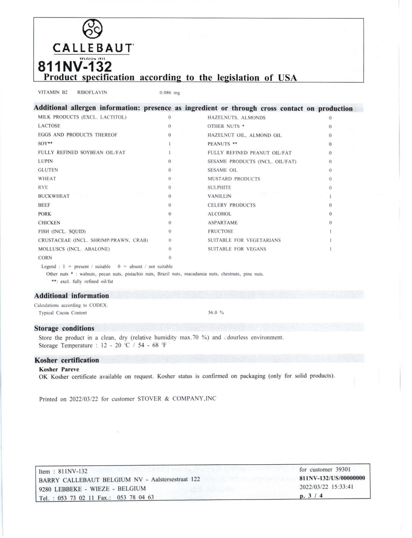 Dark Chocolate Bars 811 Nutritional Info Page 3 by Callebaut at Stover & Company