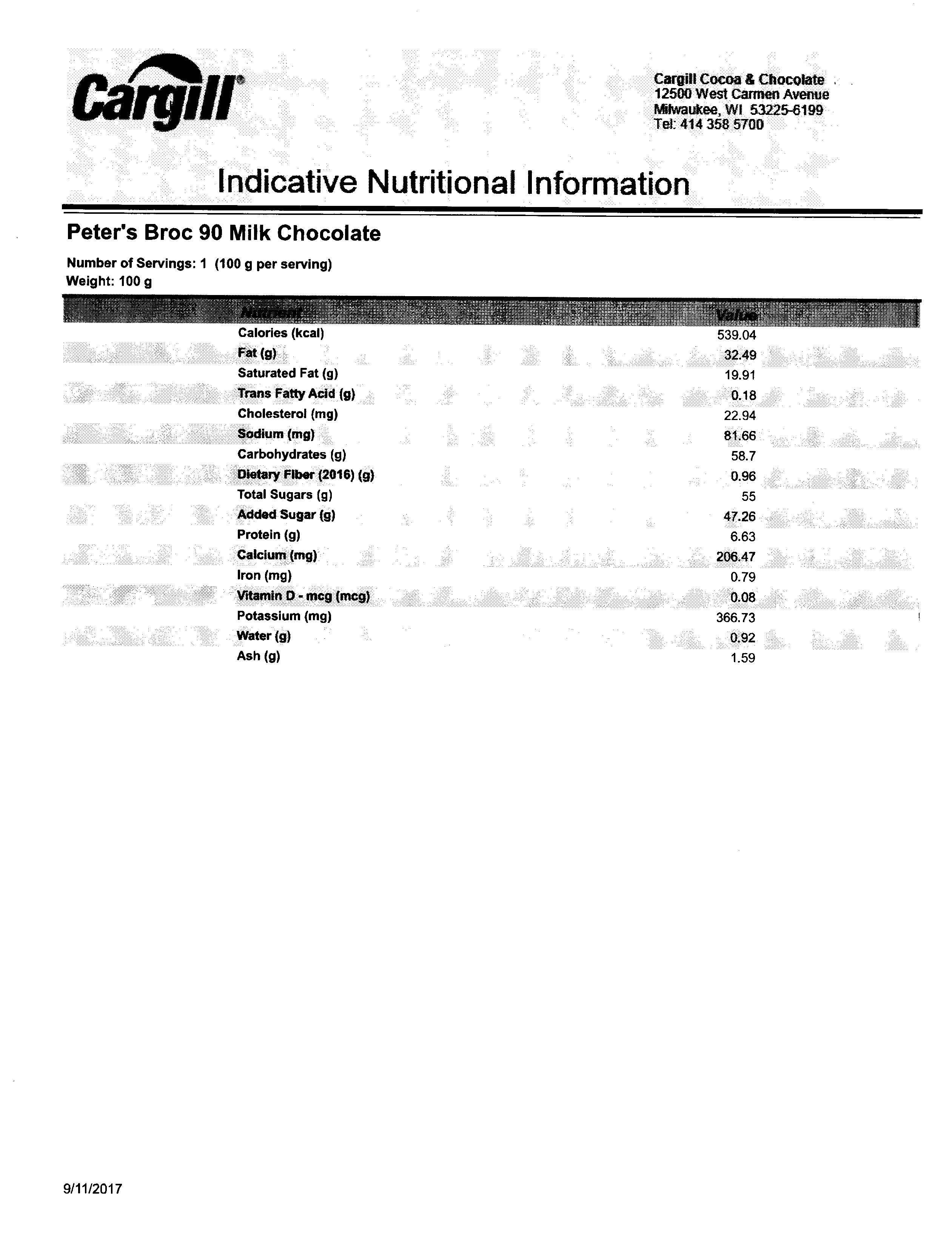 Broc 90 Milk Chocolate Nutritional Info Page 3 by Peter's Chocolate at Stover & Company