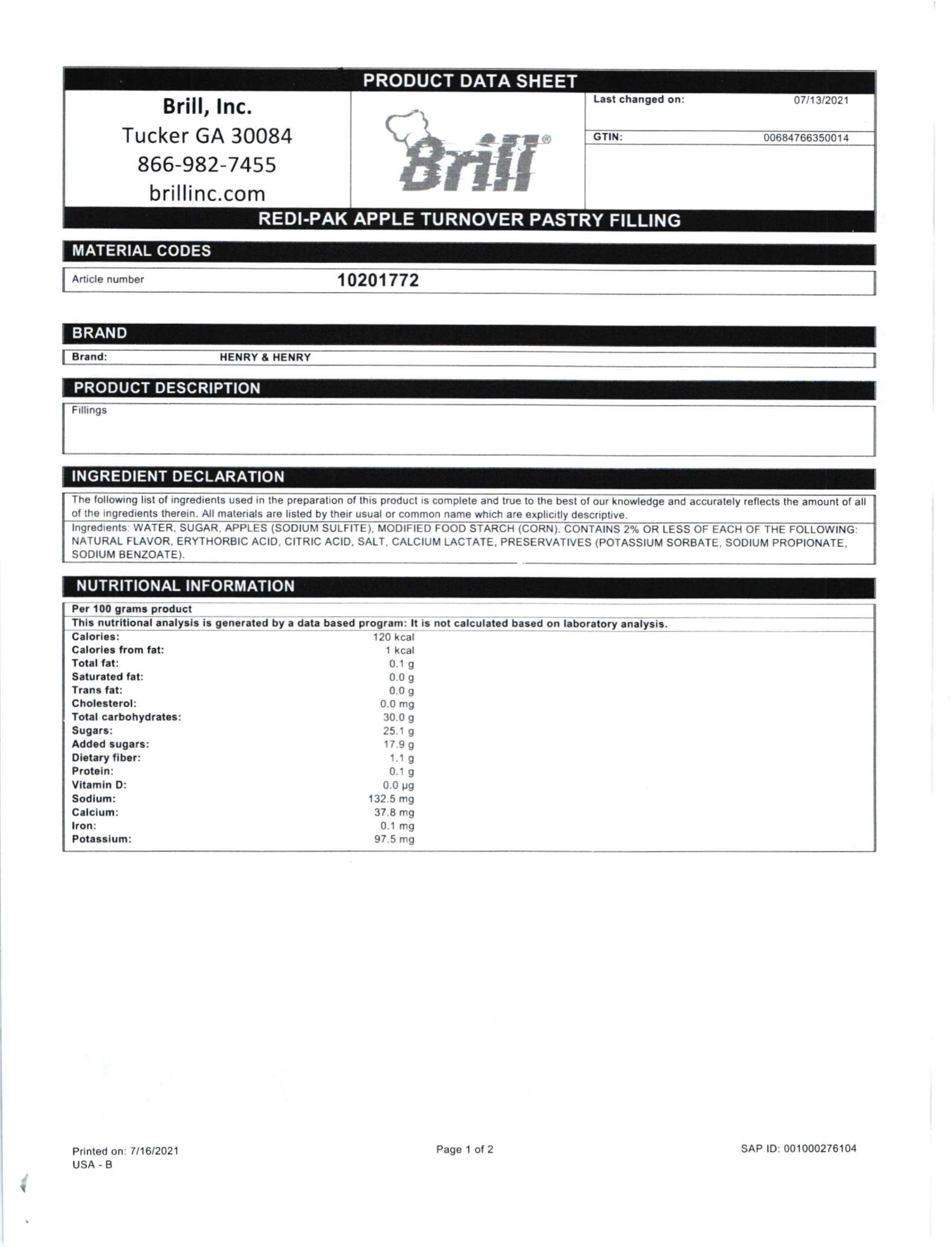 Apple Turnover Redi-Pak Filling Nutritional Info Page 1 by Henry & Henry at Stover & Company