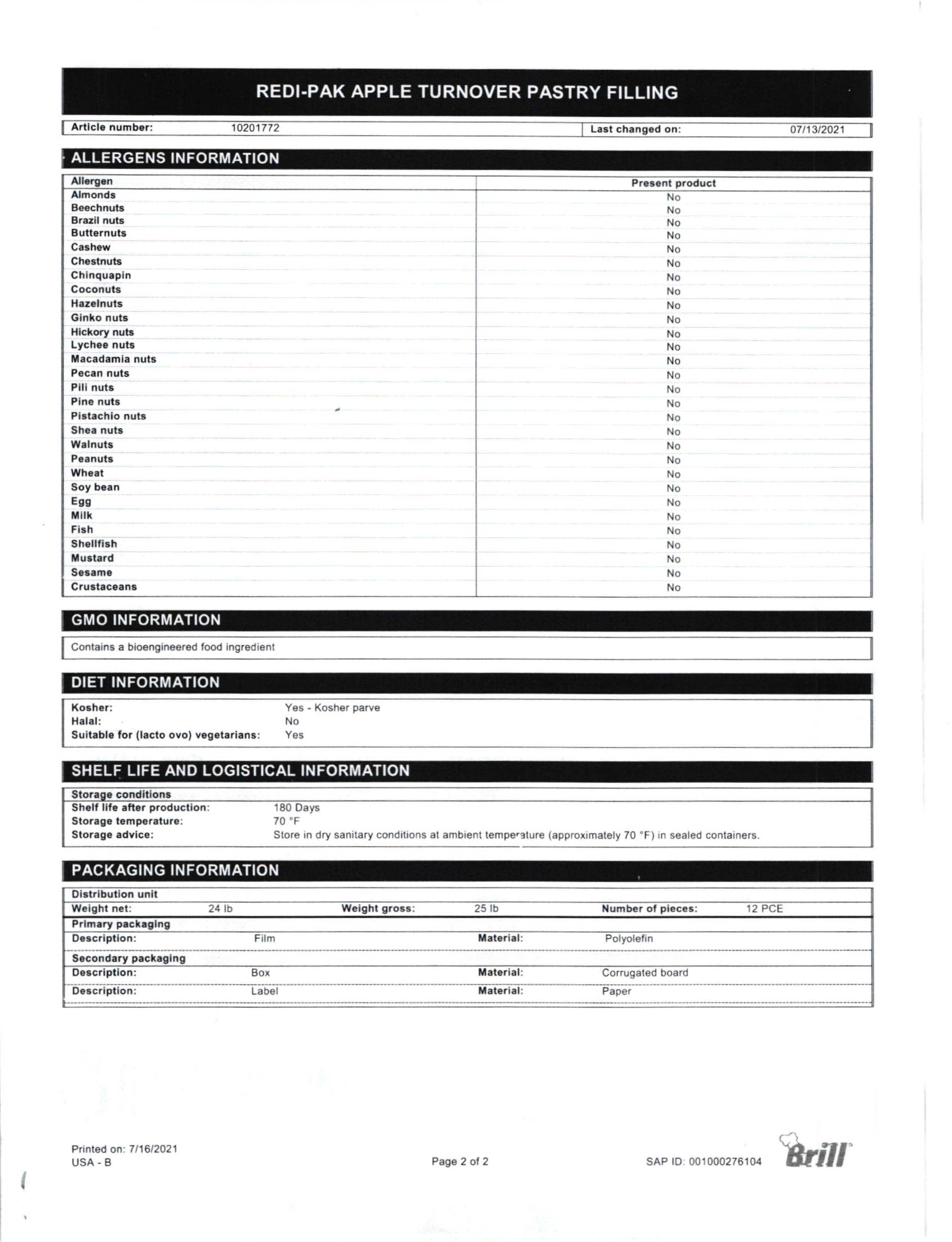 Apple Turnover Redi-Pak Filling Nutritional Info Page 2 by Henry & Henry at Stover & Company