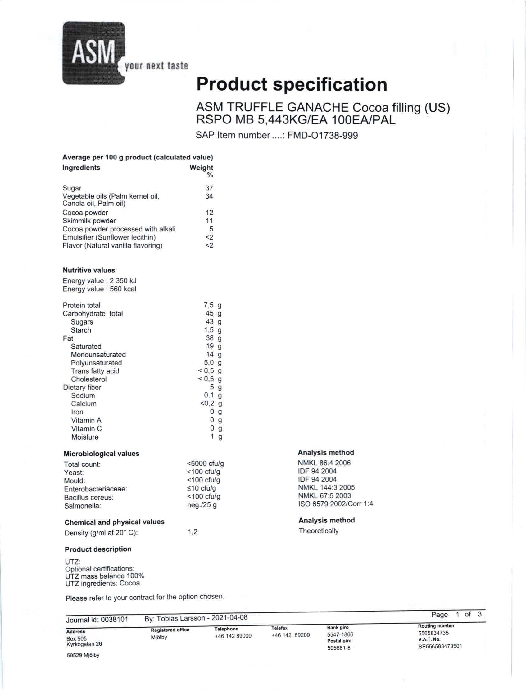 Milk Chocolate Ganache Nutritional Info Page 1 by ASM/Semper at Stover & Company