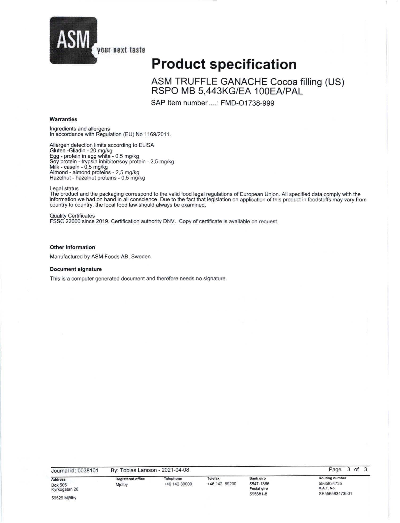 Milk Chocolate Coating Ganache Nutritional Info Page 2 by ASM/Semper at Stover & Company