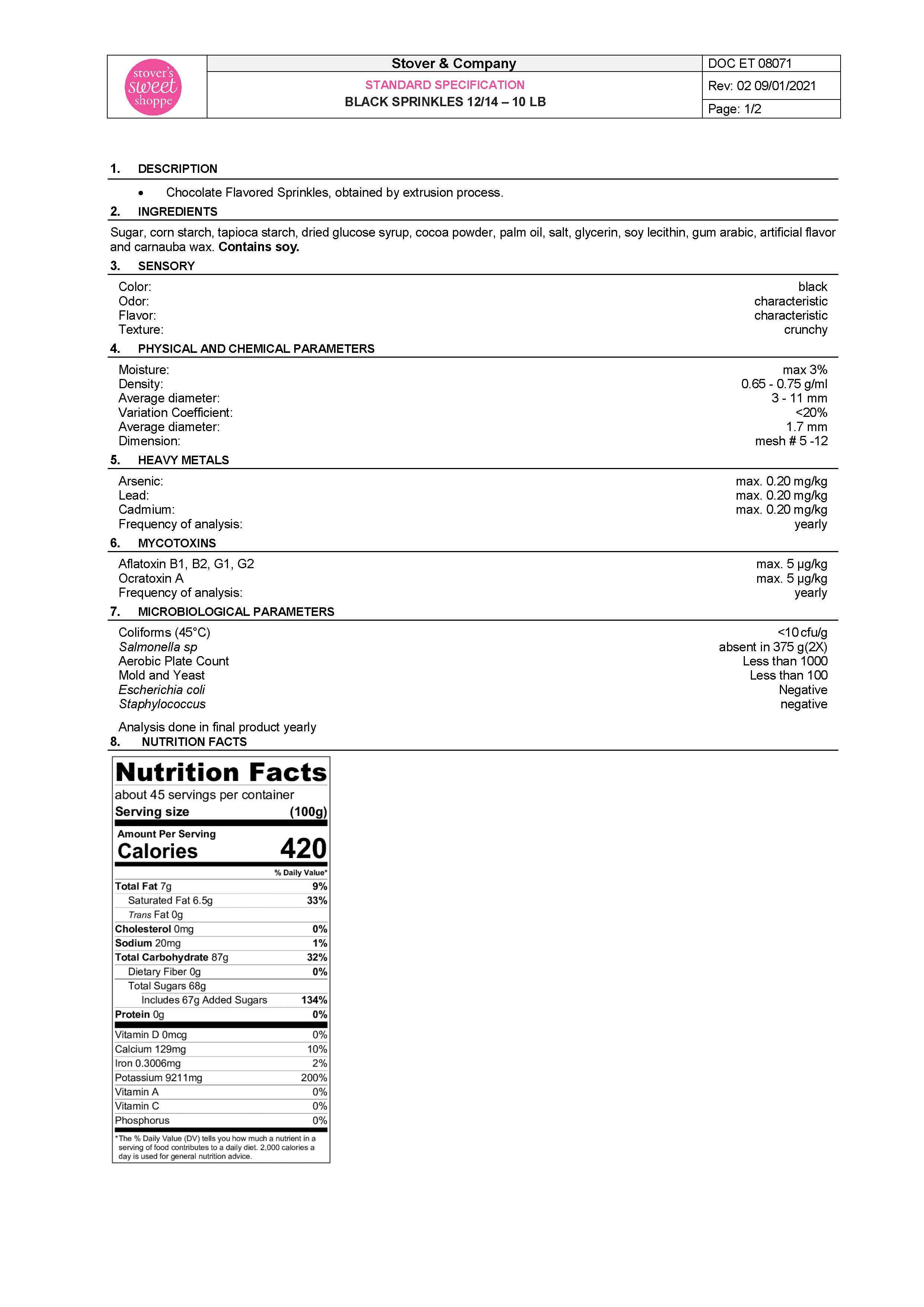 Black Sprinkles Nutritional Info Page 1 by Stover's Sweet Shoppe at Stover & Company