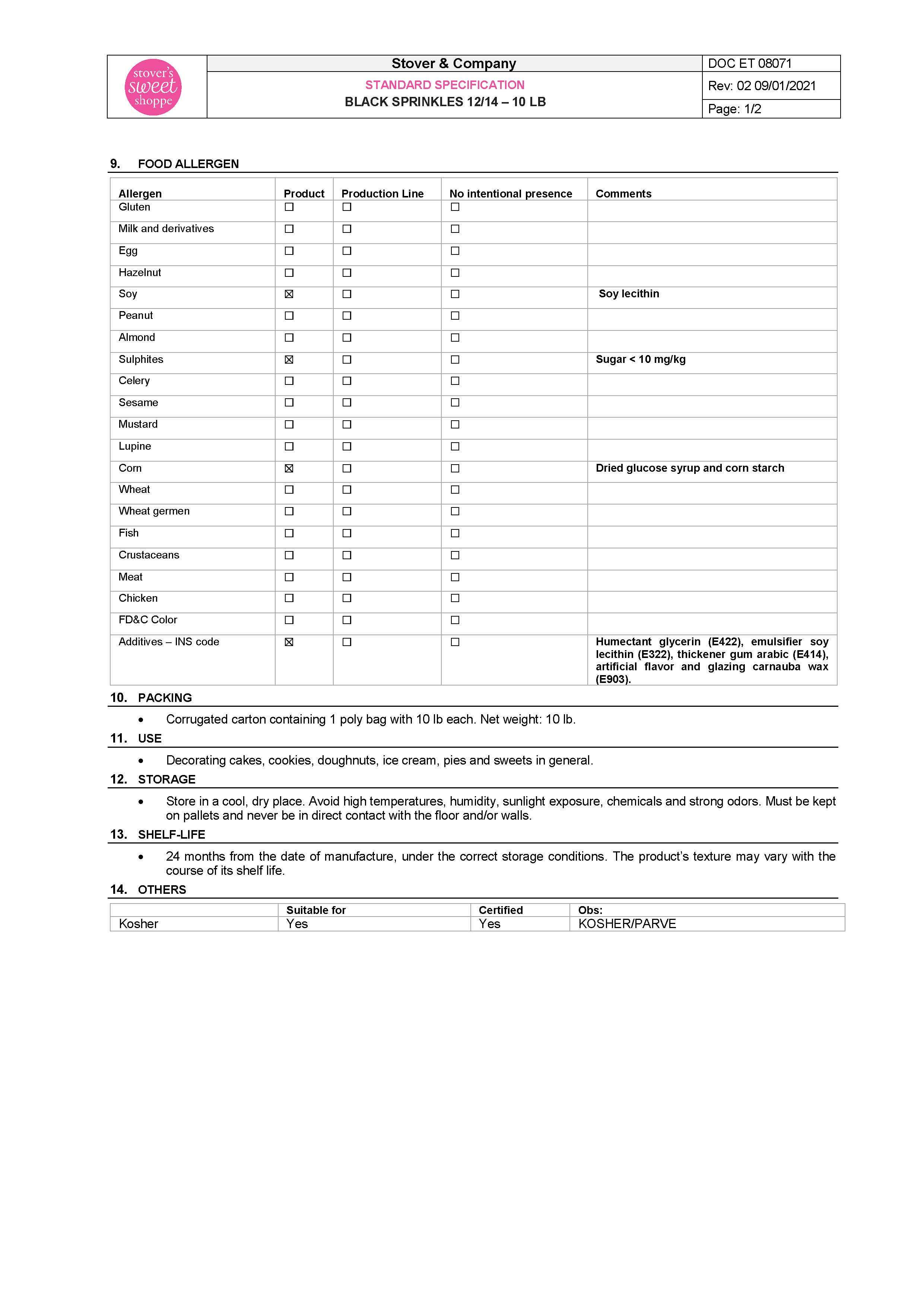 Black Sprinkles Nutritional Info Page 2 by Stover's Sweet Shoppe at Stover & Company 