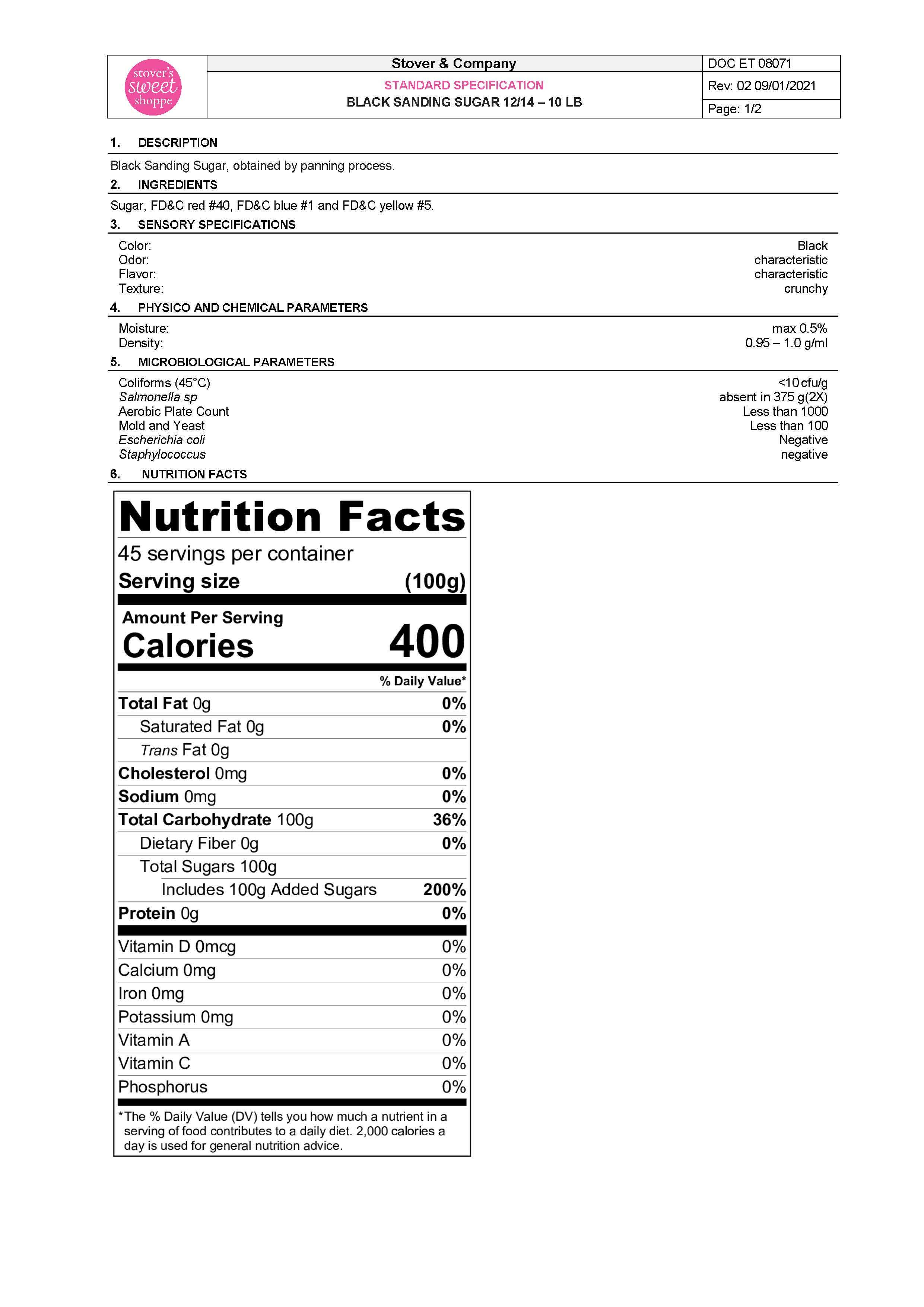 Black Sanding Sugar Nutritional Info Page 1 by Stover's Sweet Shoppe at Stover & Company