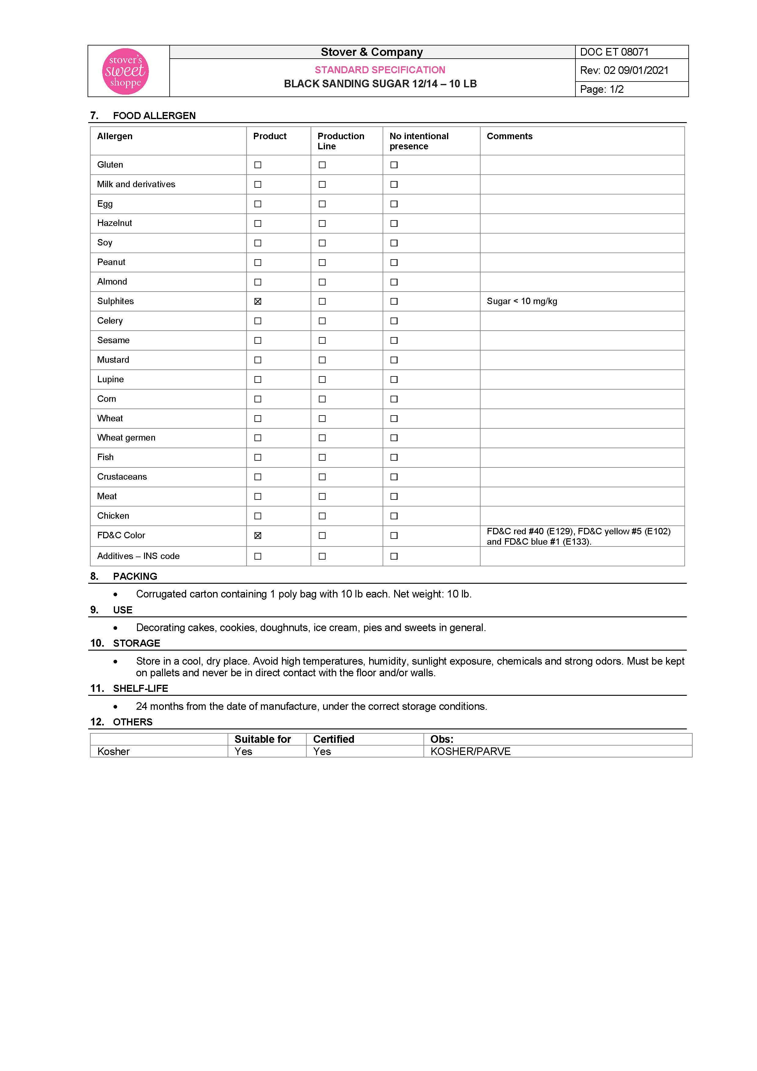 Black Sanding Sugar Nutritional Info Page 2 by Stover's Sweet Shoppe at Stover & Company