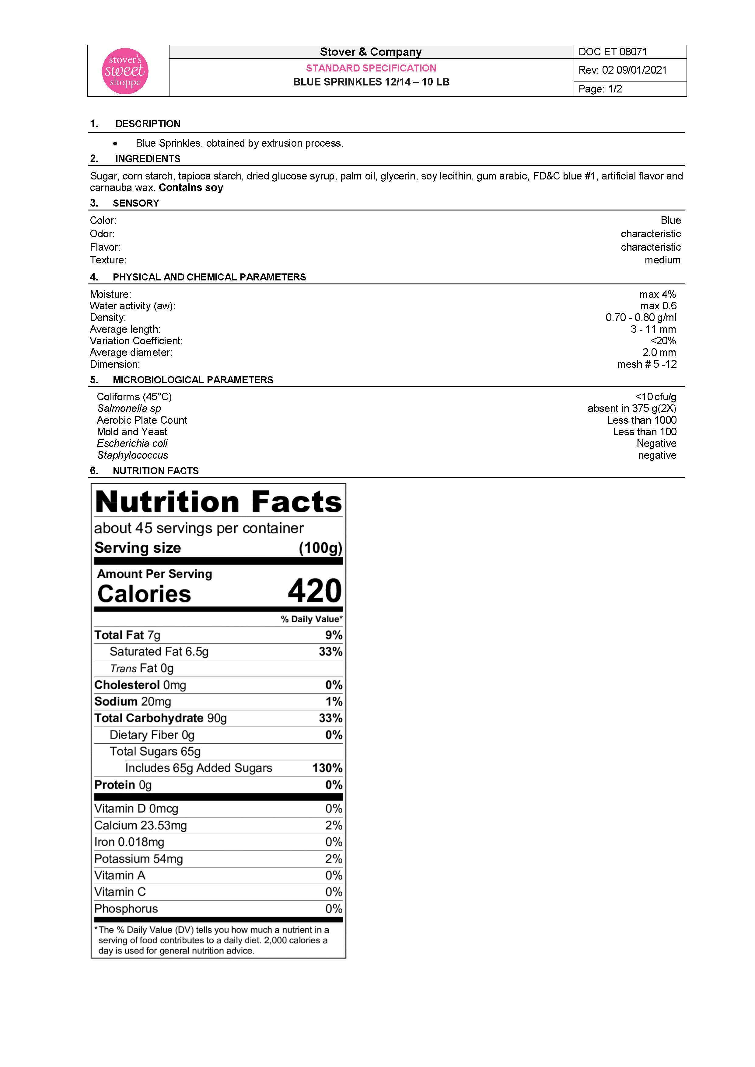 Blue Sprinkles Nutritional Info Page 1 by Stover's Sweet Shoppe at Stover & Company