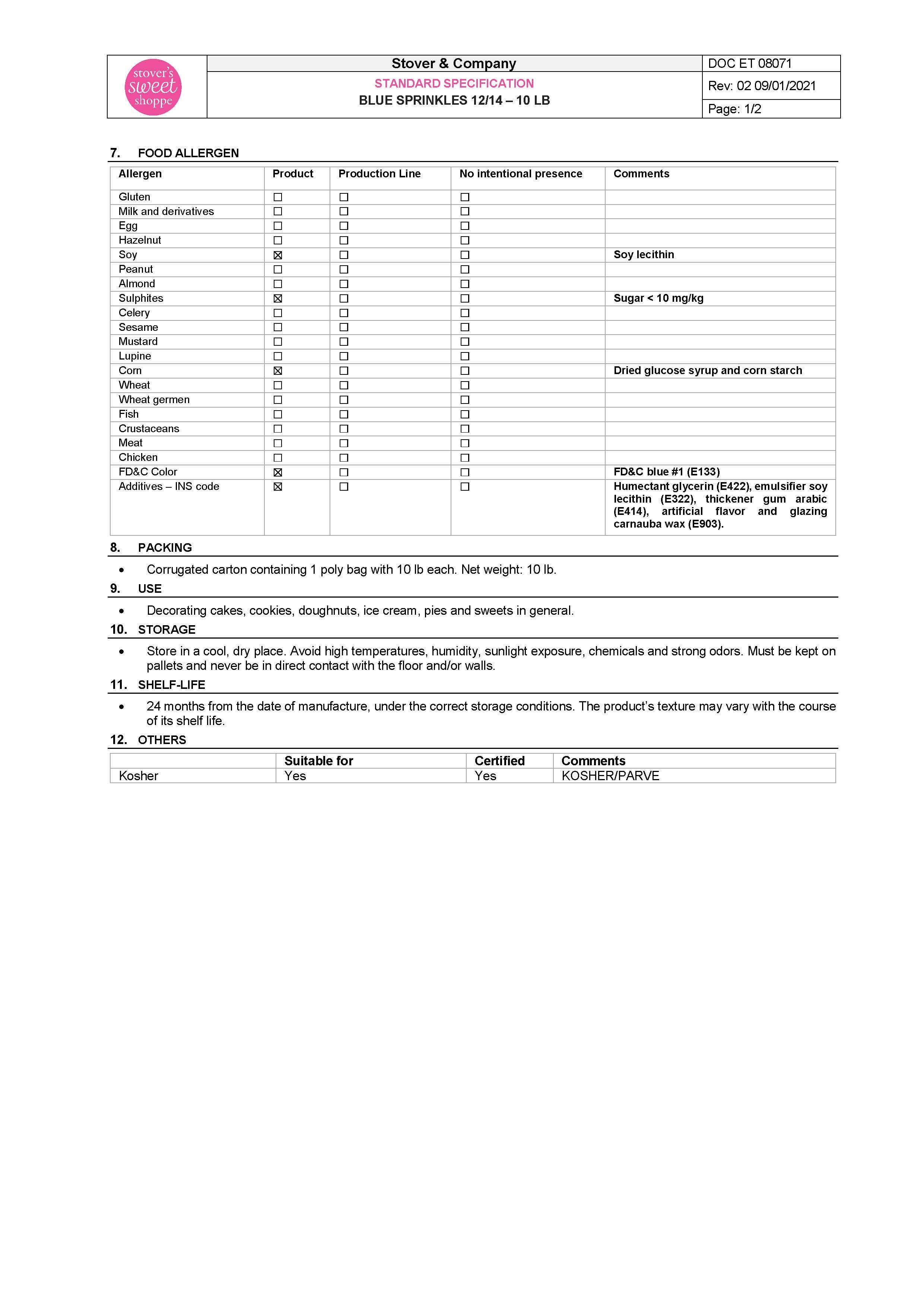 Blue Sprinkles Nutritional Info Page 2 by Stover's Sweet Shoppe at Stover & Company