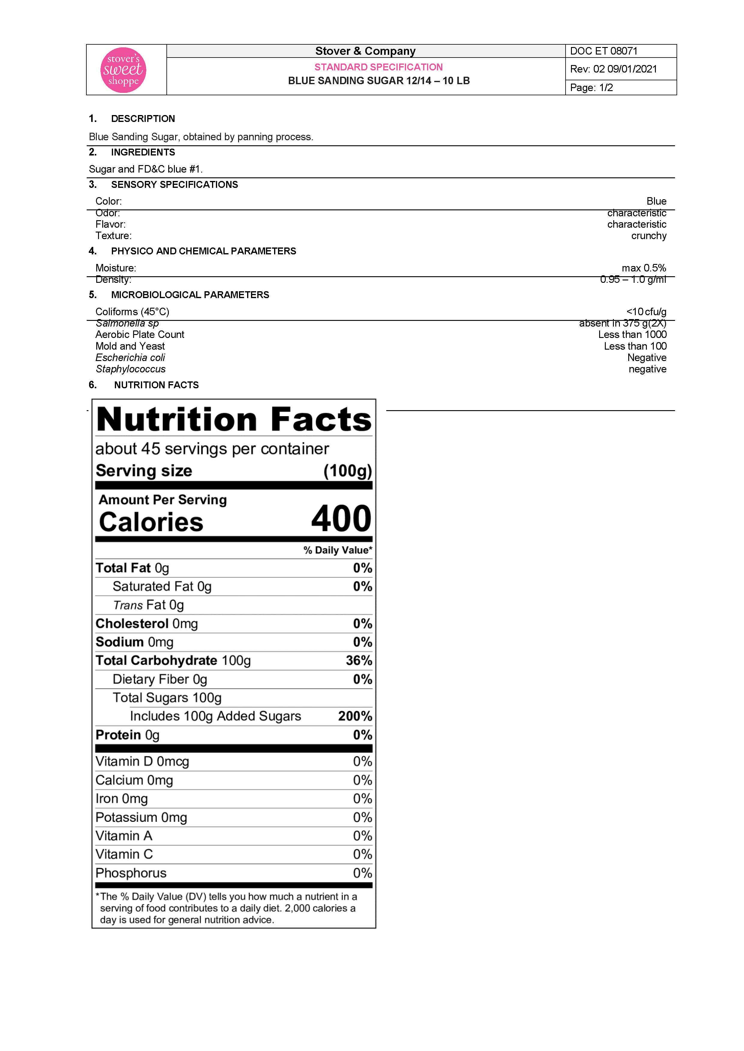 Blue Sanding Sugar Nutritional Info Page 1 by Stover's Sweet Shoppe at Stover & Company