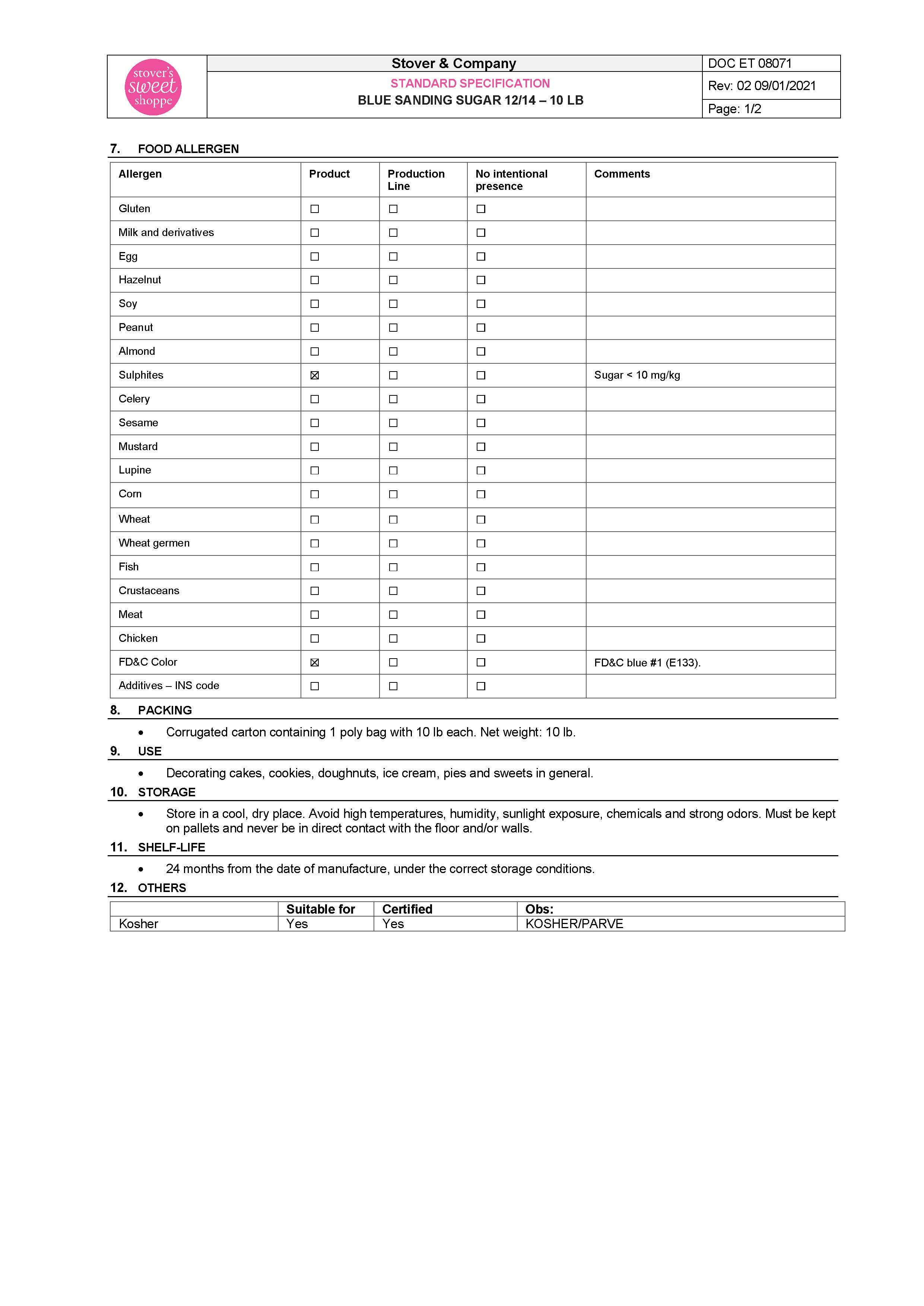 Blue Sanding Sugar Nutritional Info Page 2 by Stover's Sweet Shoppe at Stover & Company