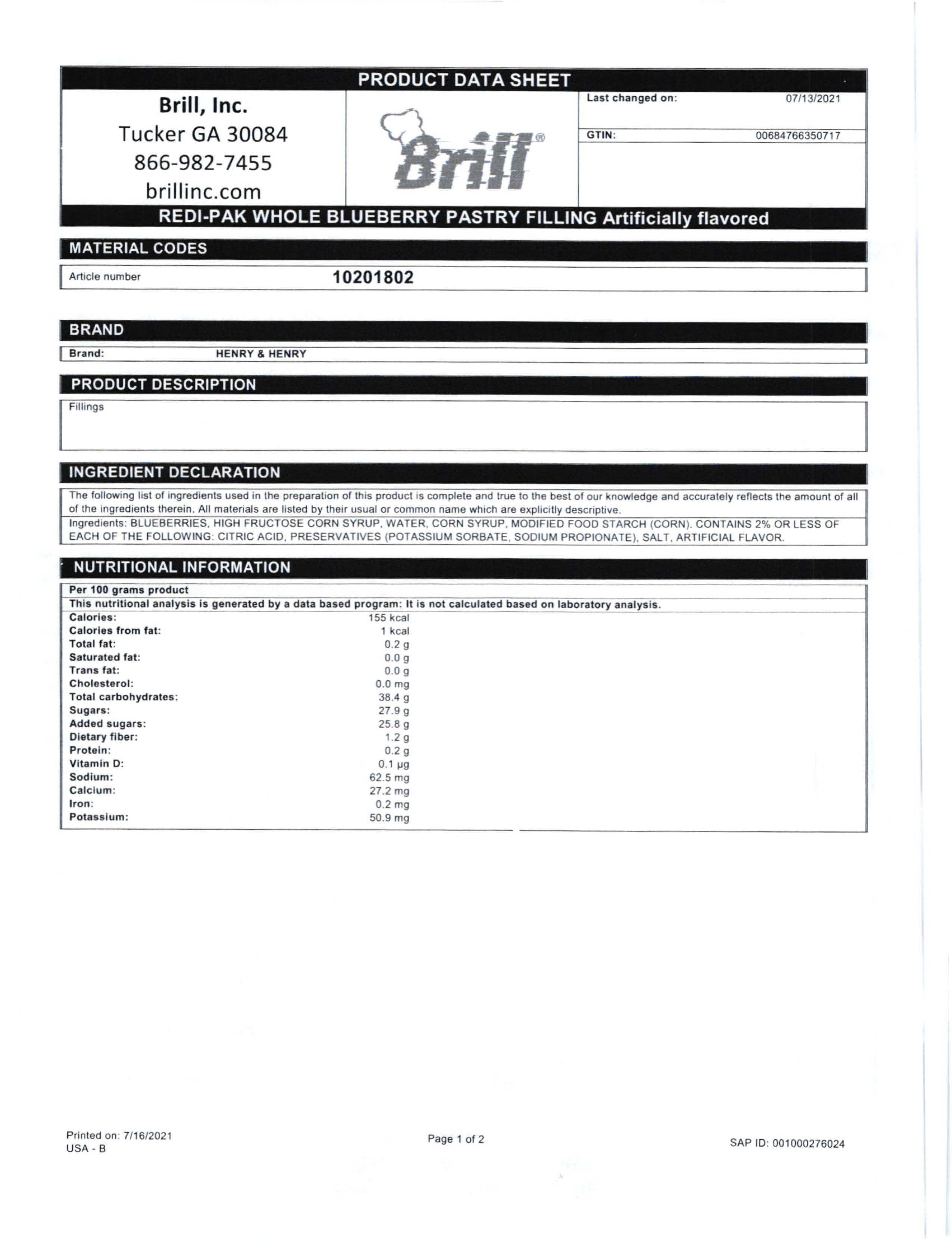 Blueberry Redi-Pak Filling Nutritional Info Page 1 by Henry & Henry at Stover & Company