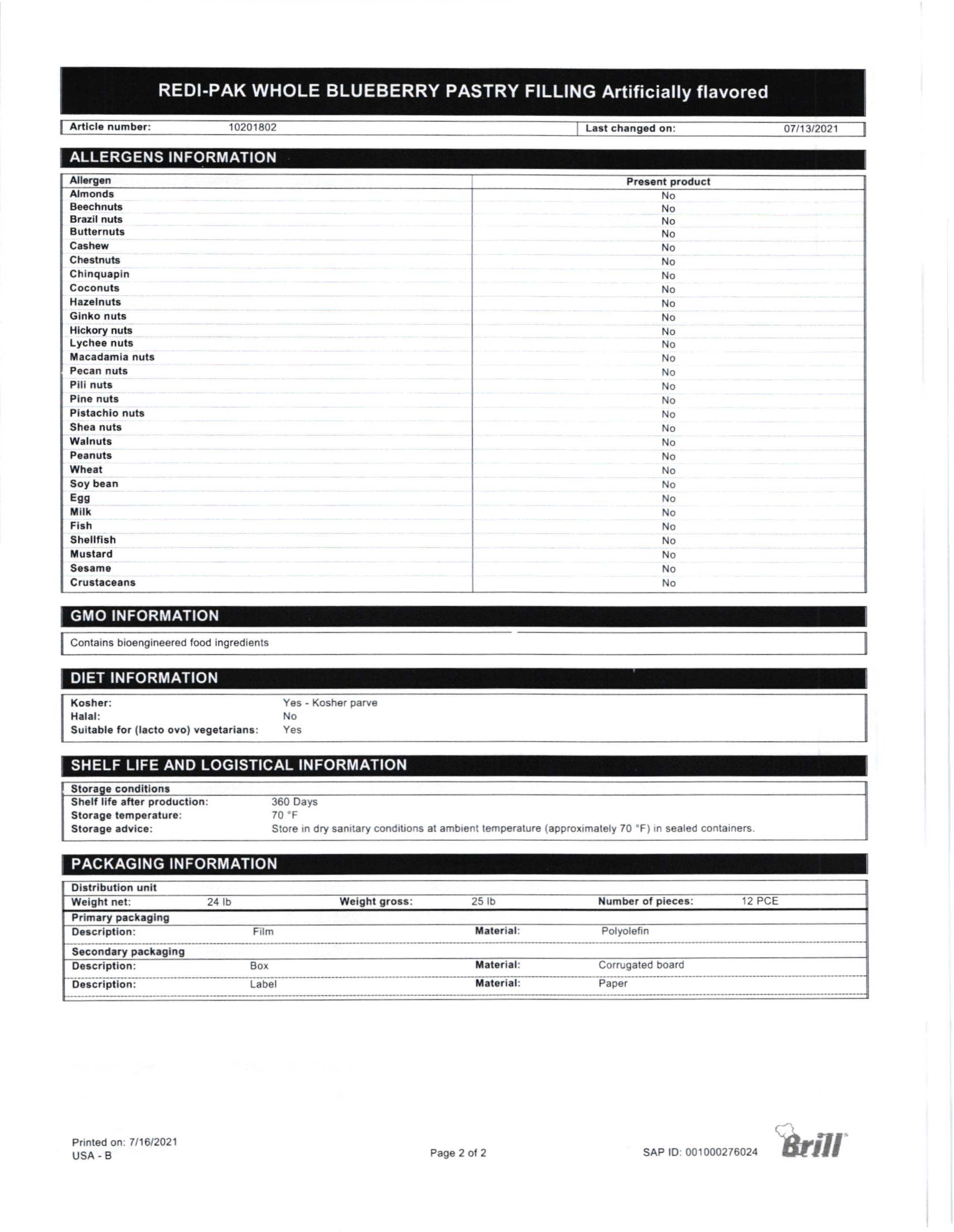 Blueberry Redi-Pak Filling Nutritional Info Page 2 by Henry & Henry at Stover & Company