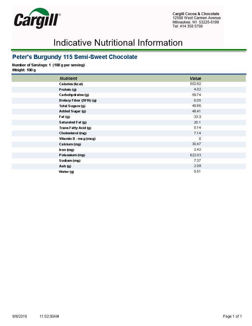 Burgundy 115 Dark Semi-Sweet Chocolate Nutritional Info by Peters Chocolate at Stover & Company