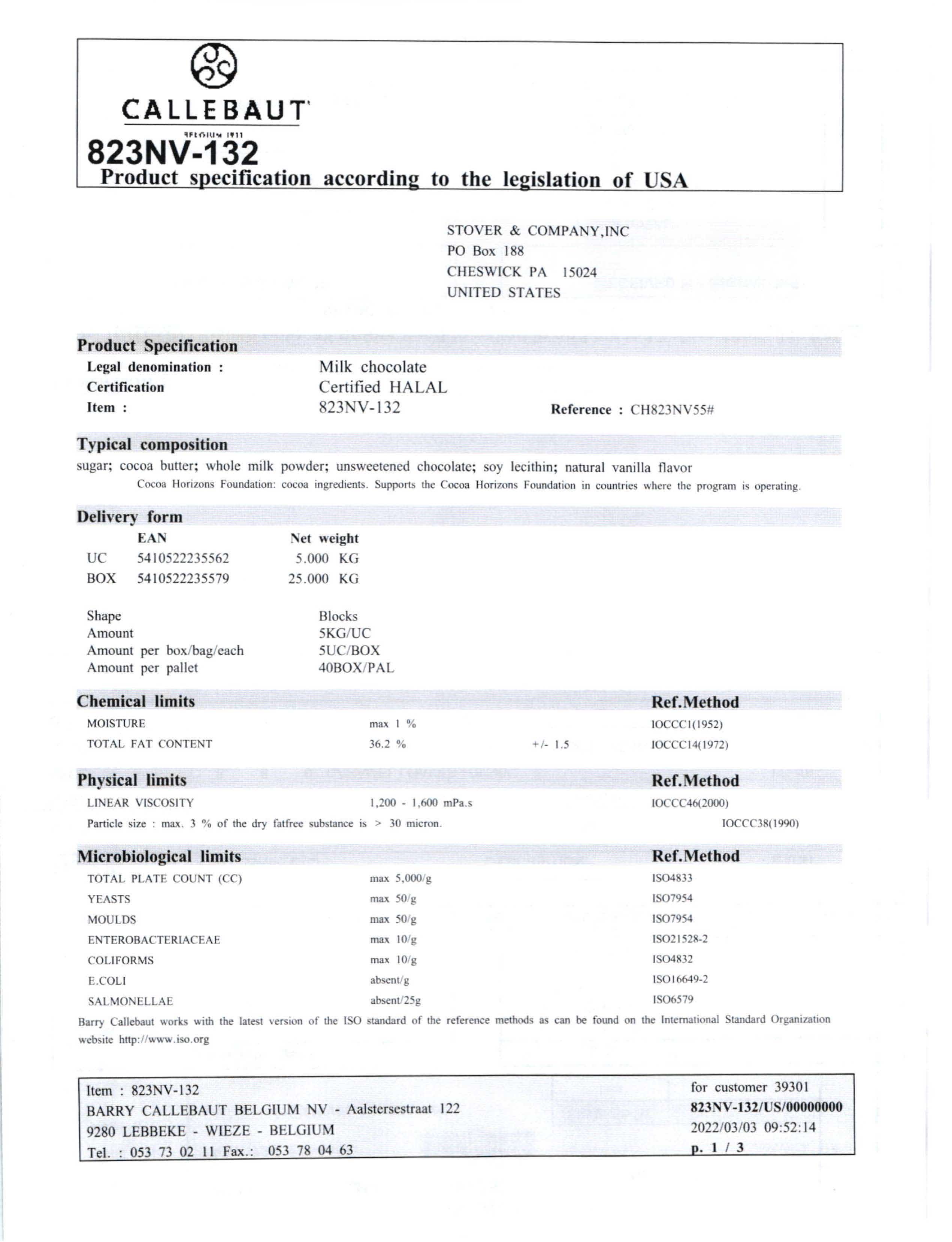 823N Milk Chocolate Bar Nutritional Info Page 1 by Callebaut at Stover & Company