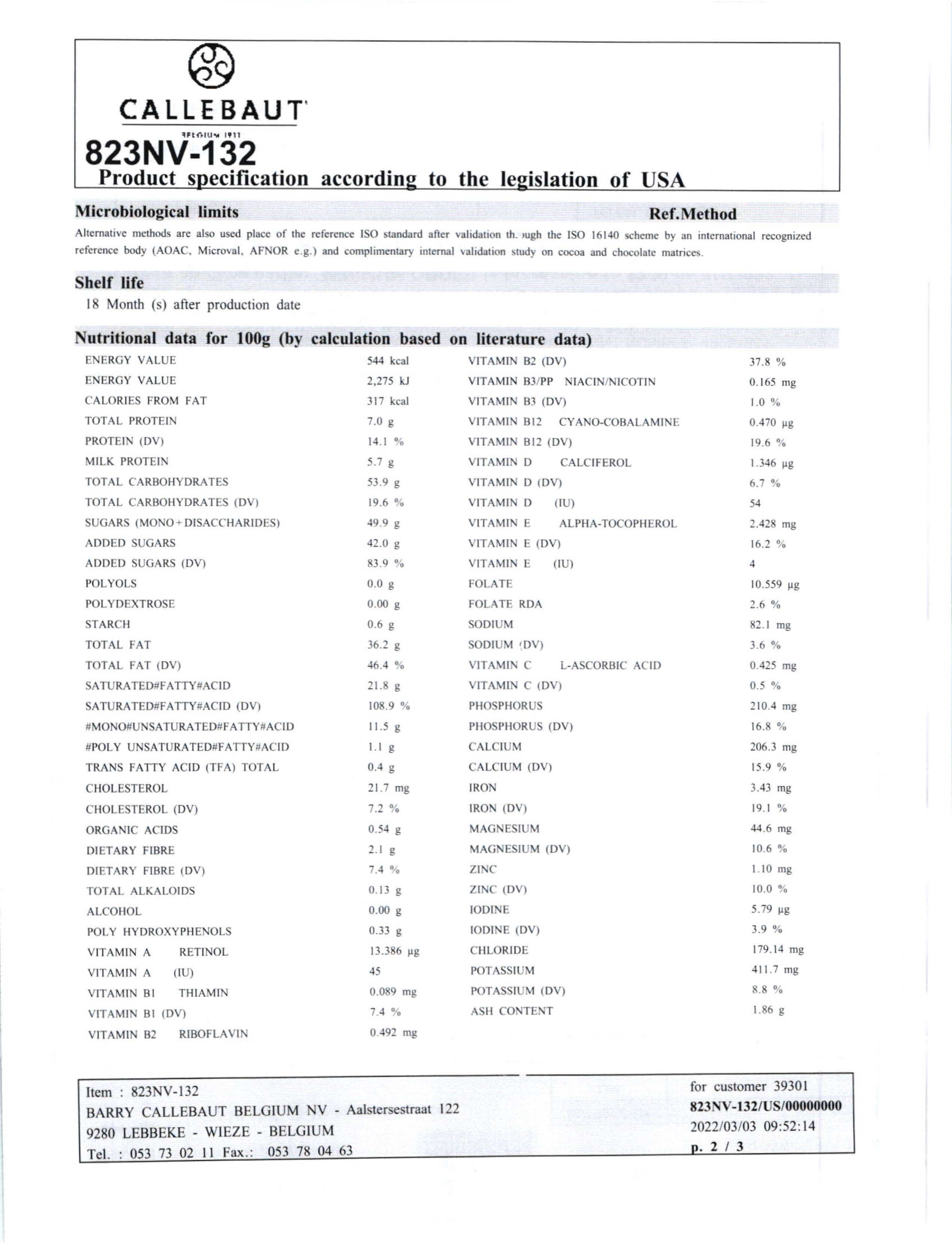 823N Milk Chocolate Bar Nutritional Info Page 2 by Callebaut at Stover & Company