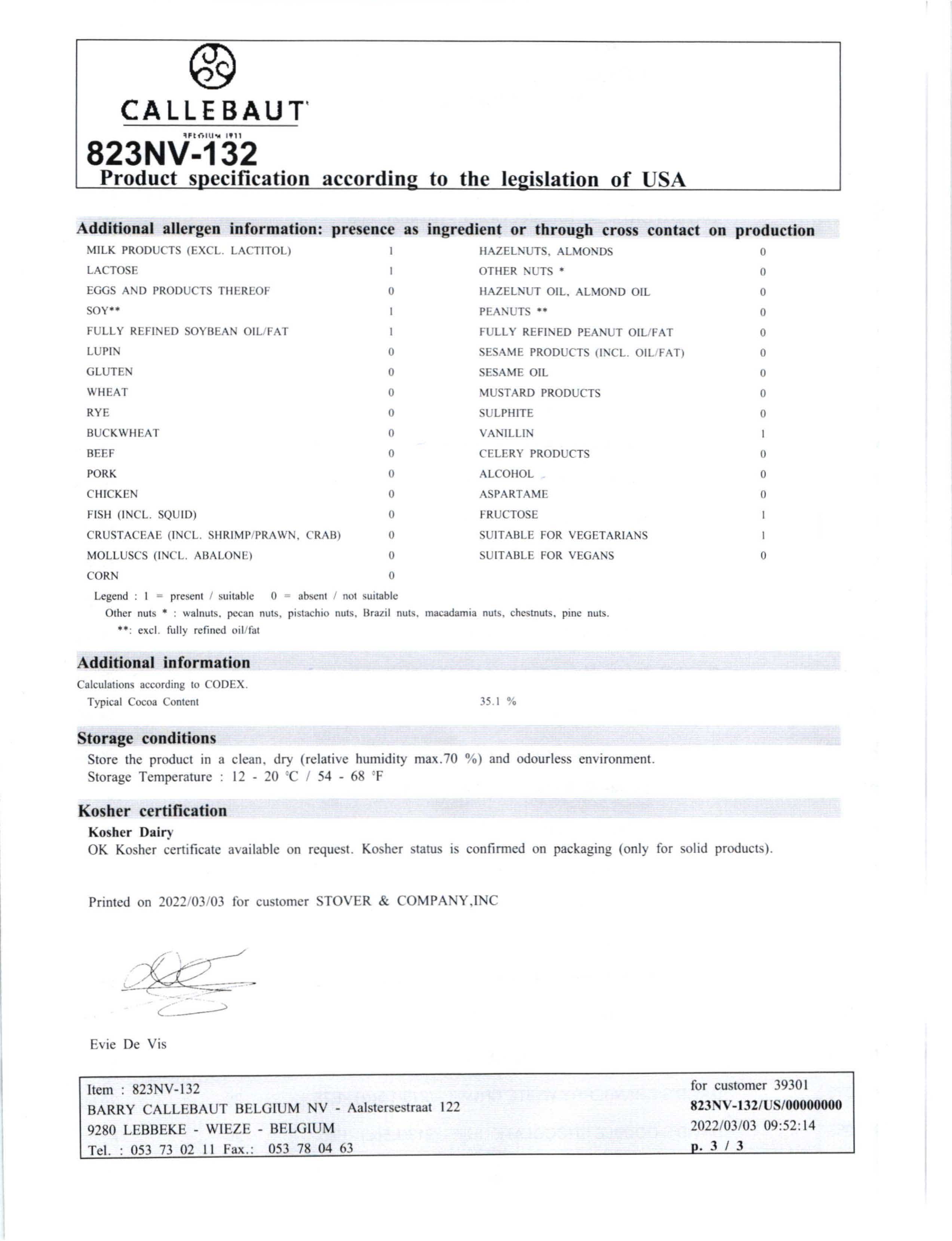 823N Milk Chocolate Bar Nutritional Info Page 3 by Callebaut at Stover & Company