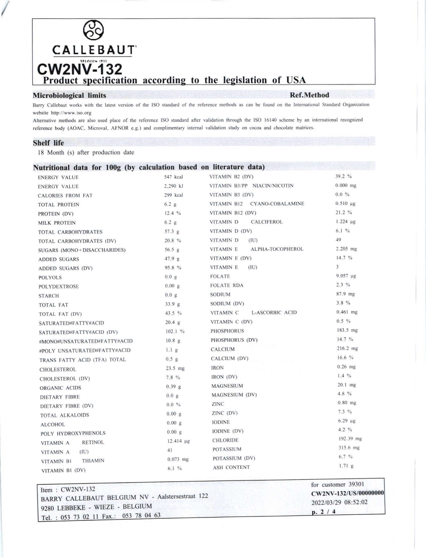 White Chocolate Bar W2 Nutritional Info Page 2 by Callebaut at Stover & Company
