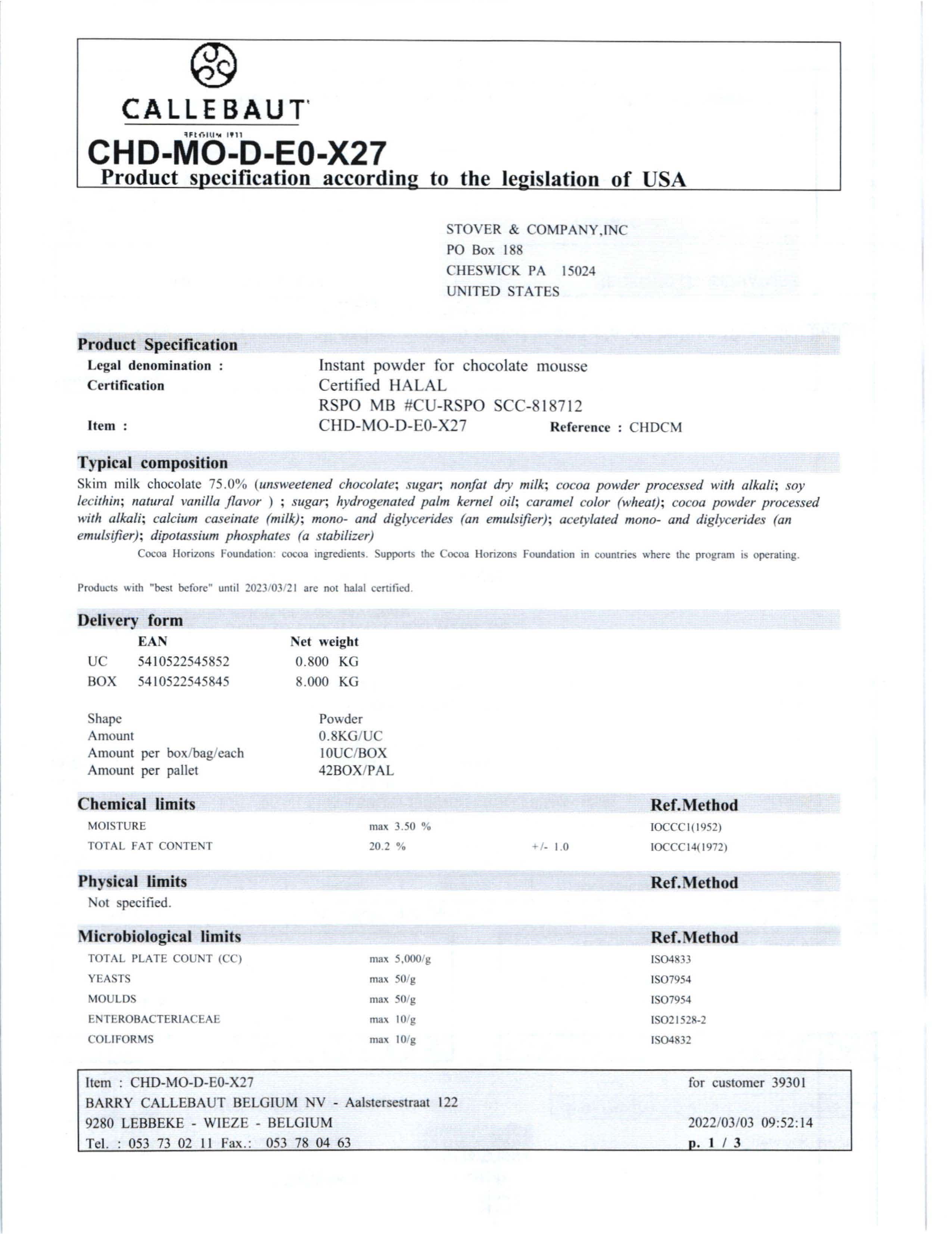 Dark Chocolate Mousse Nutritional Info Page 1 by Callebaut at Stover & Company