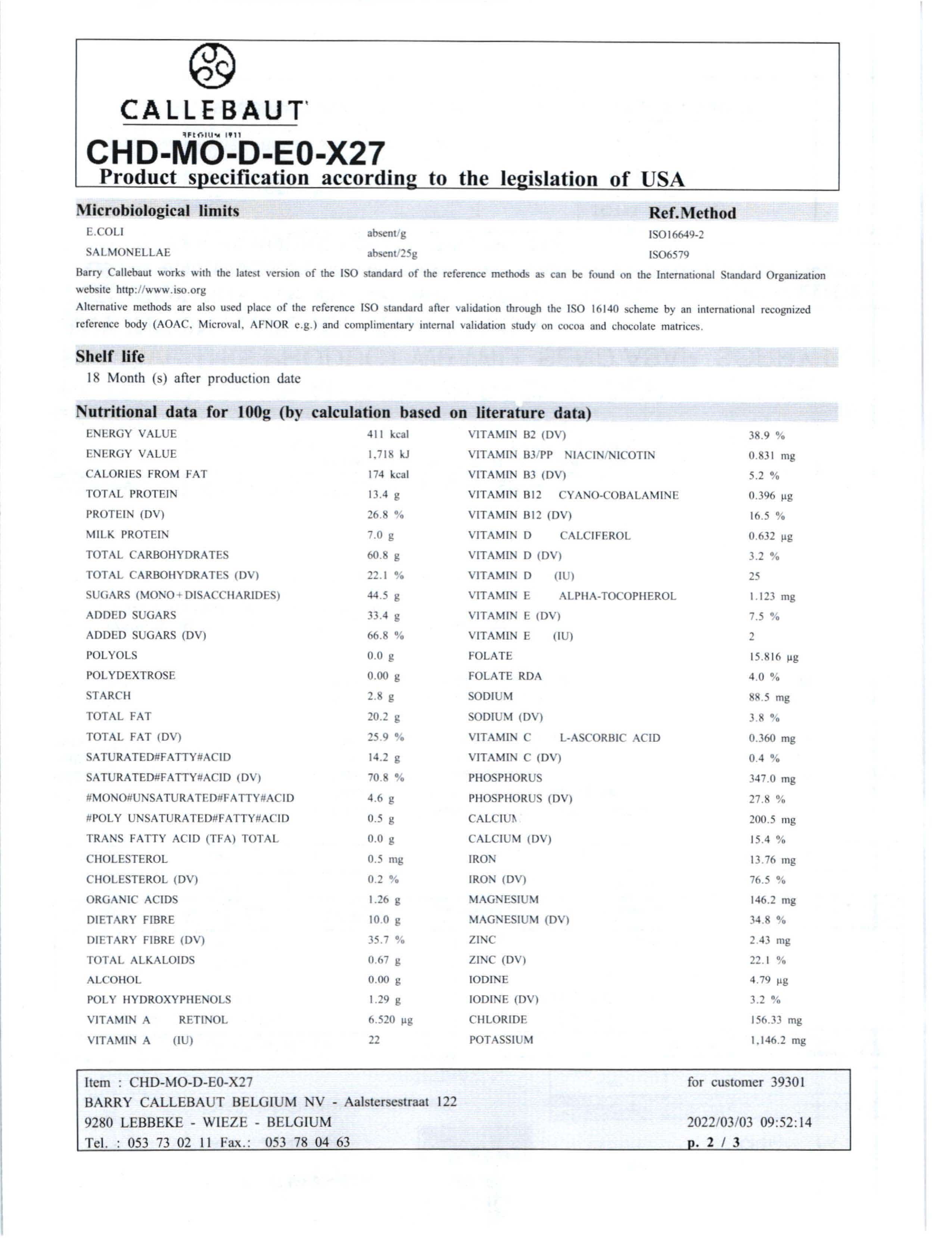 Dark Chocolate Mousse Nutritional Info Page 2 by Callebaut at Stover & Company