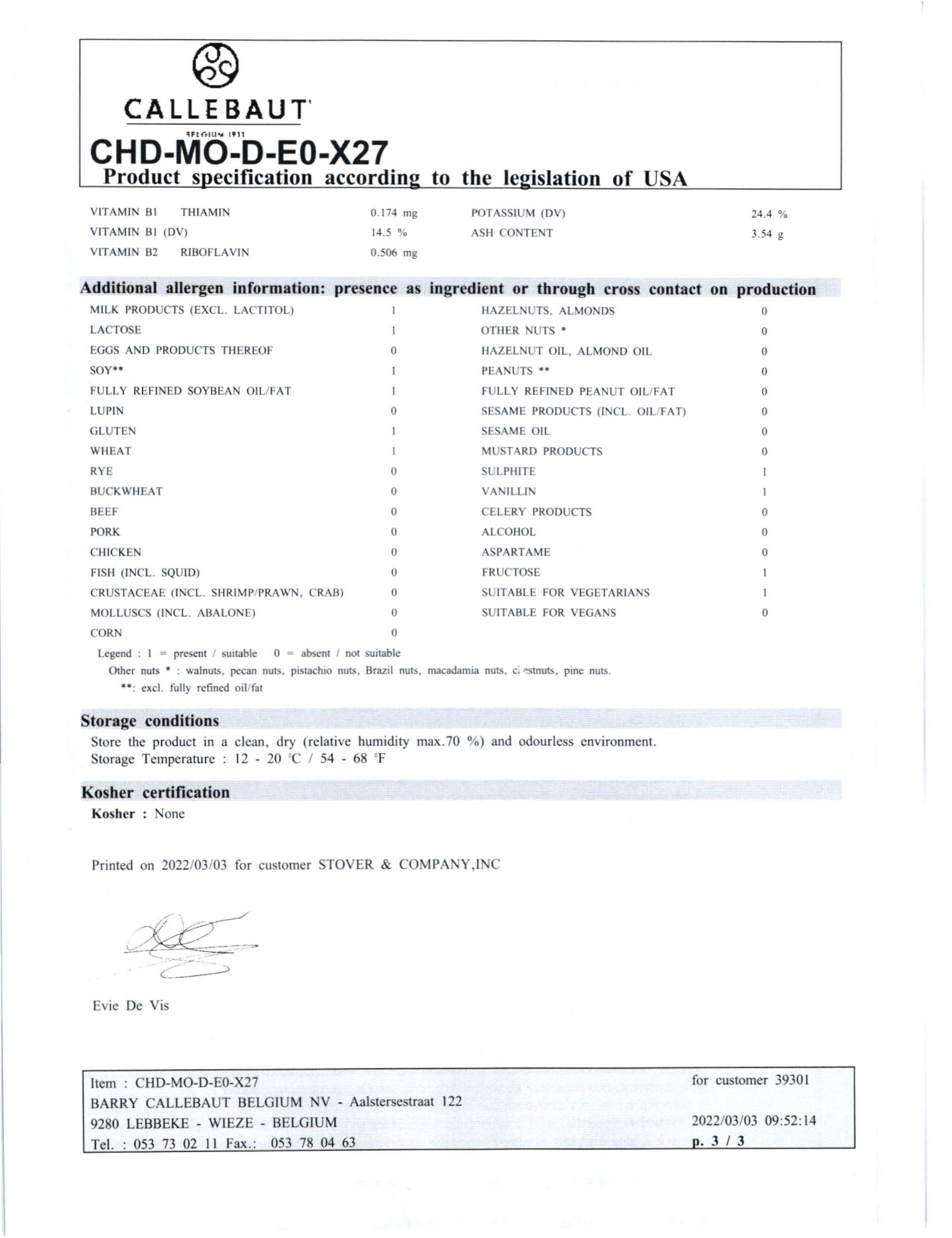 Dark Chocolate Mousse Nutritional Info Page 3 by Callebaut at Stover & Company