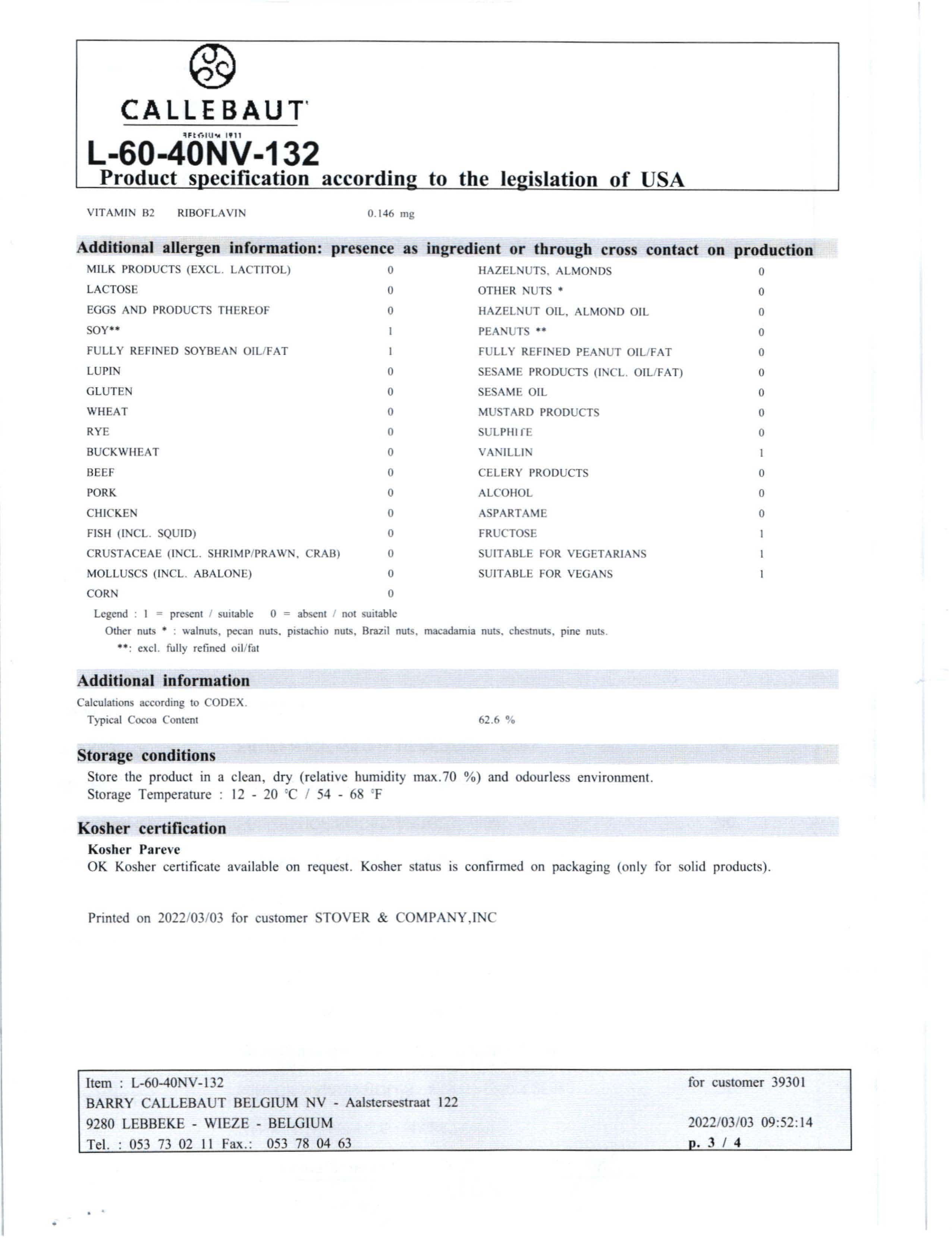 L60-40NV-132 Bittersweet Chocolate Nutritional Info Page 3 by Callebaut at Stover & Company