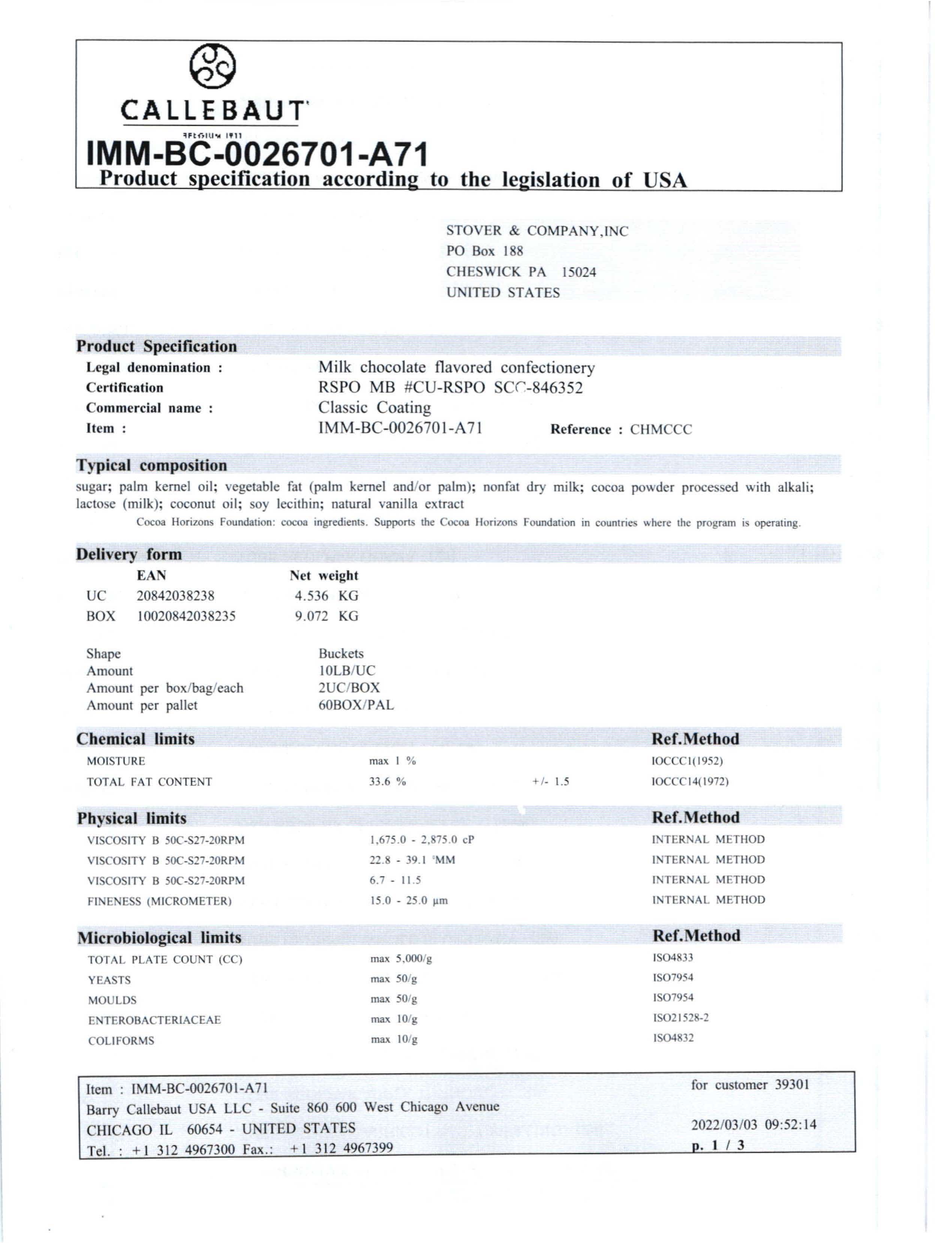 Milk Chocolate Classic Coating Nutritional Info Page 1 by Callebaut at Stover & Company