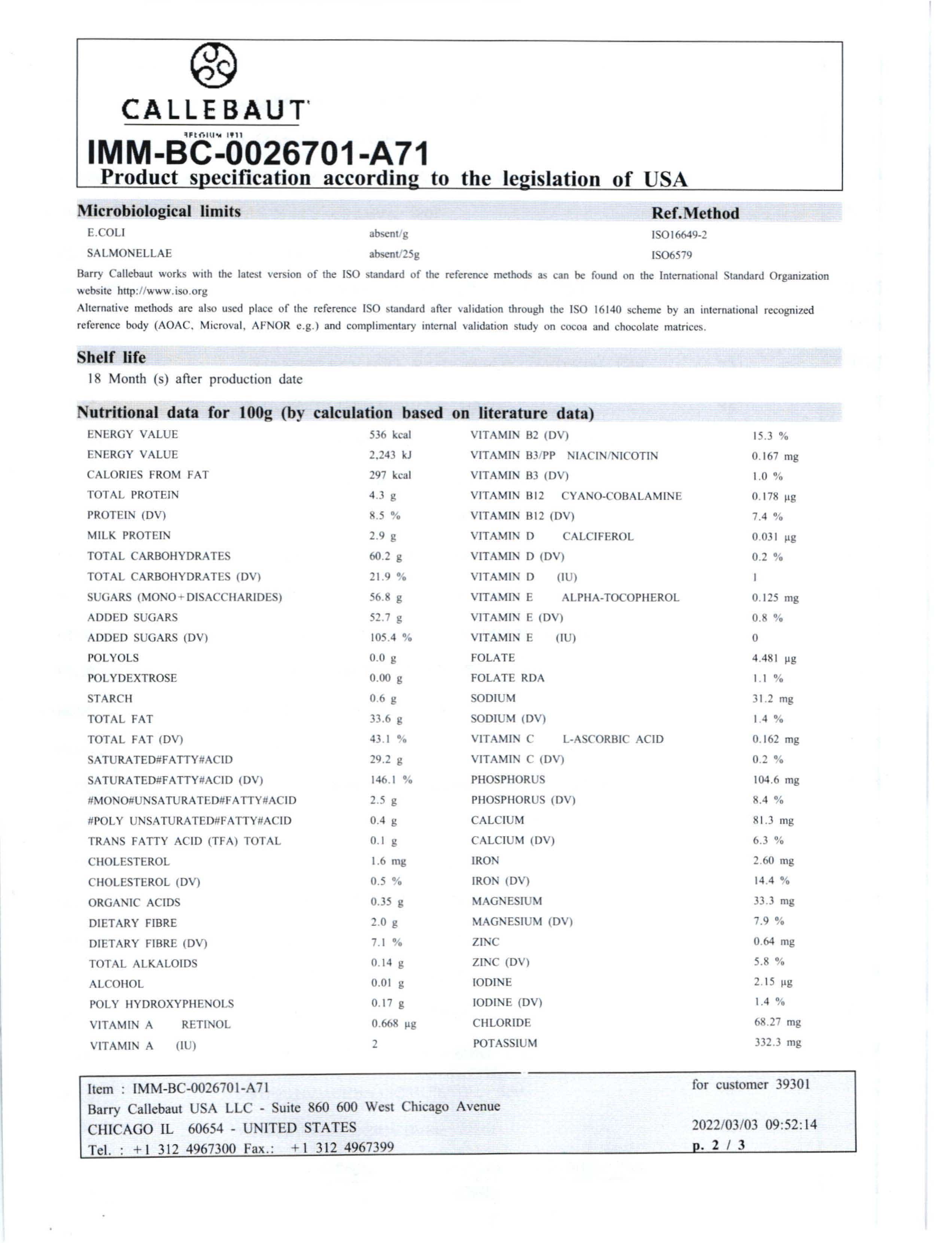 Milk Chocolate Classic Coating Nutritional Info Page 2 by Callebaut at Stover & Company