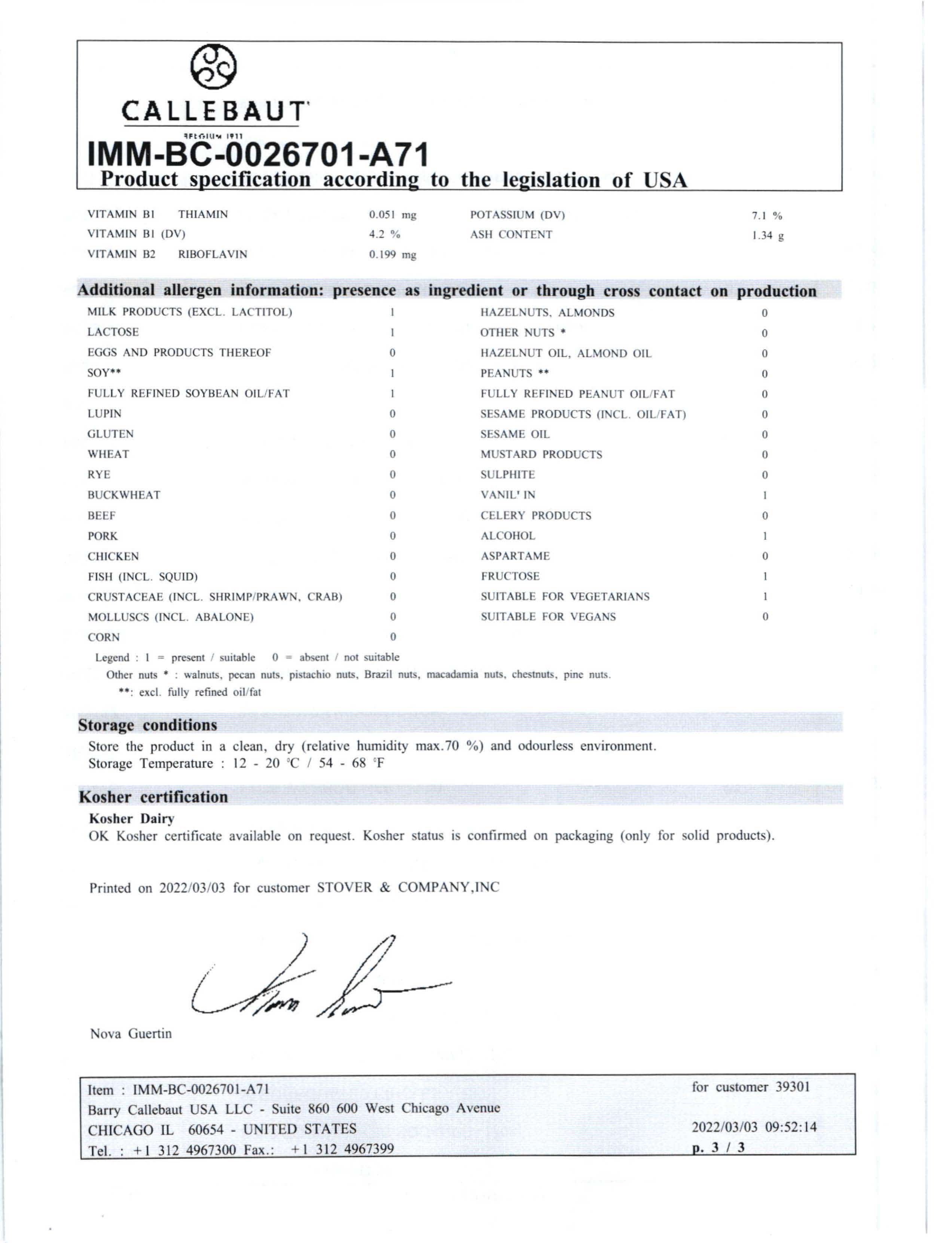 Milk Chocolate Classic Coating Nutritional Info Page 3 by Callebaut at Stover & Company