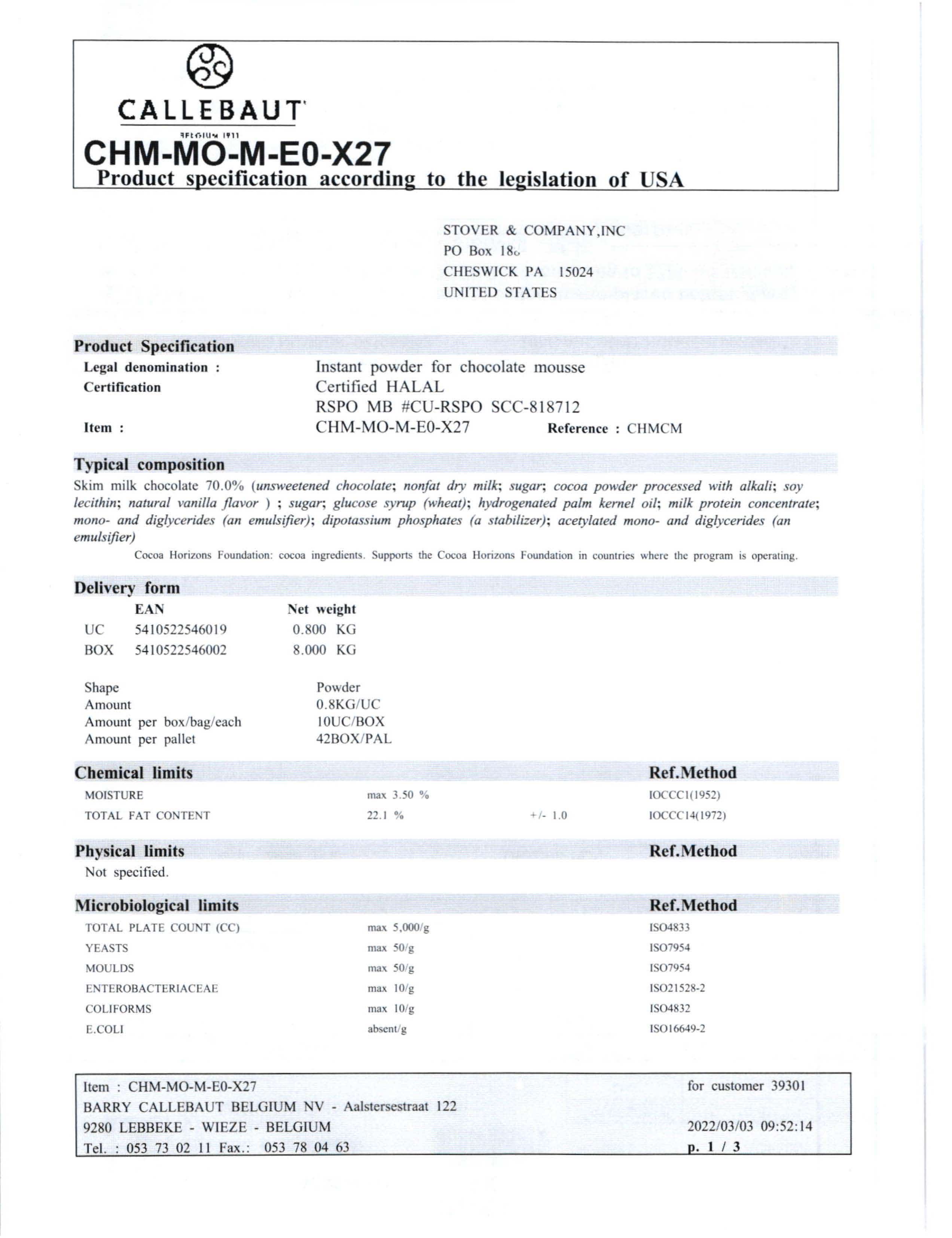 Milk Chocolate Mousse Nutritional Info Page 1 by Callebaut at Stover & Company