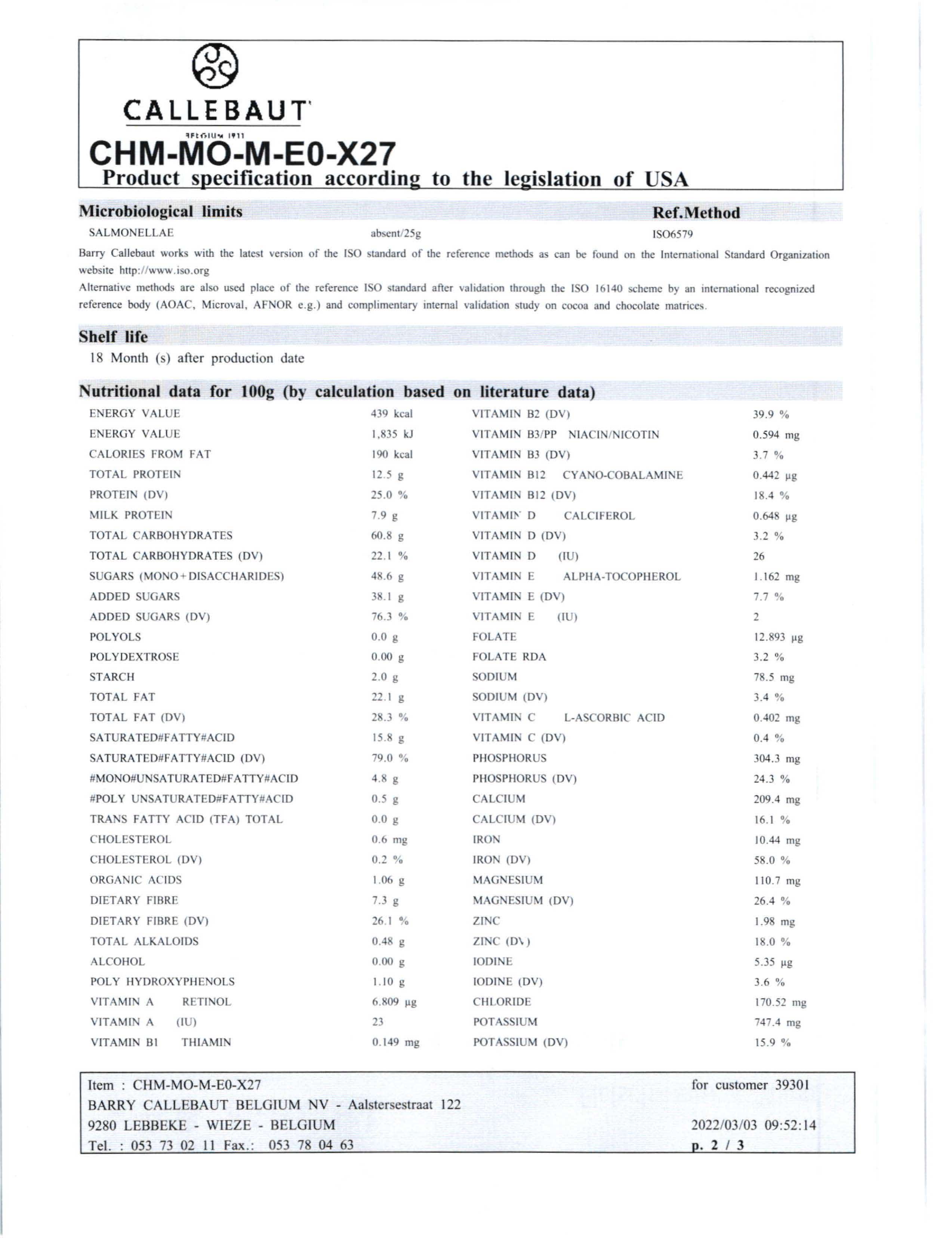 Milk Chocolate Mousse Nutritional Info Page 2 by Callebaut at Stover & Company