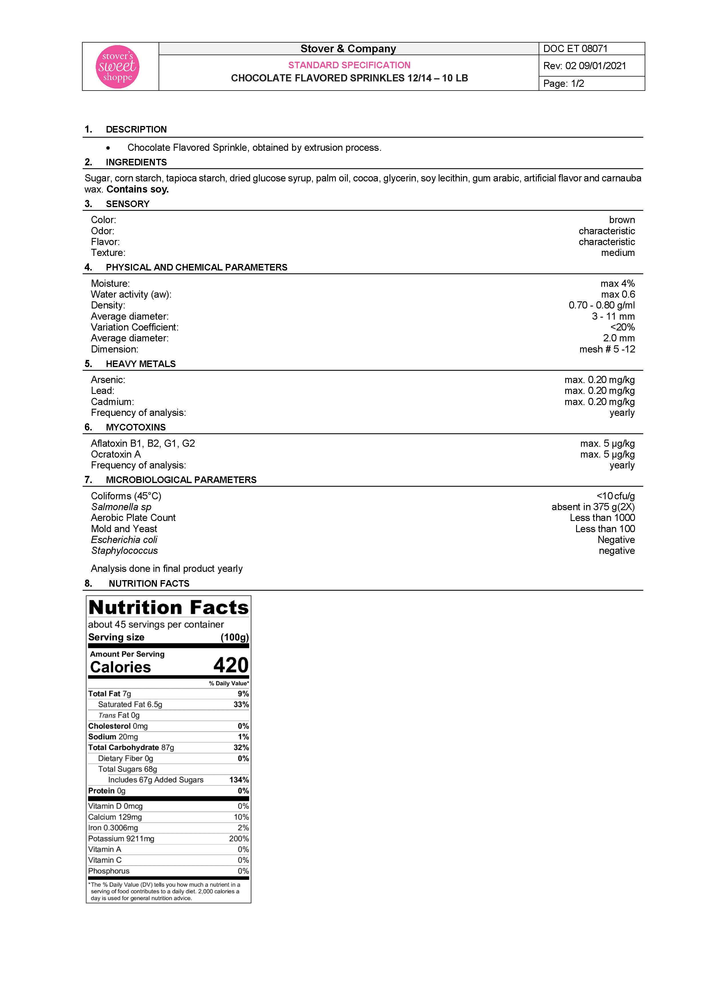 Chocolate Sprinkles Nutritional Info Page 1 by Stover's Sweet Shoppe at Stover & Company