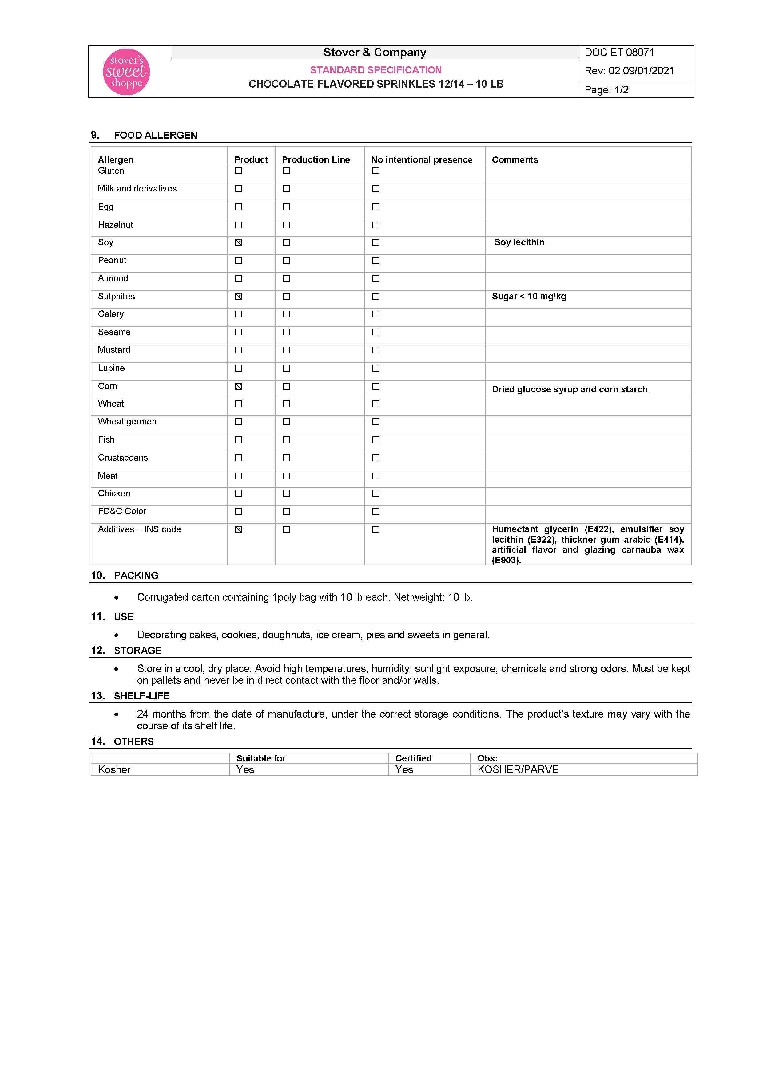 Chocolate Sprinkles Nutritional Info Page 2 by Stover's Sweet Shoppe at Stover & Company