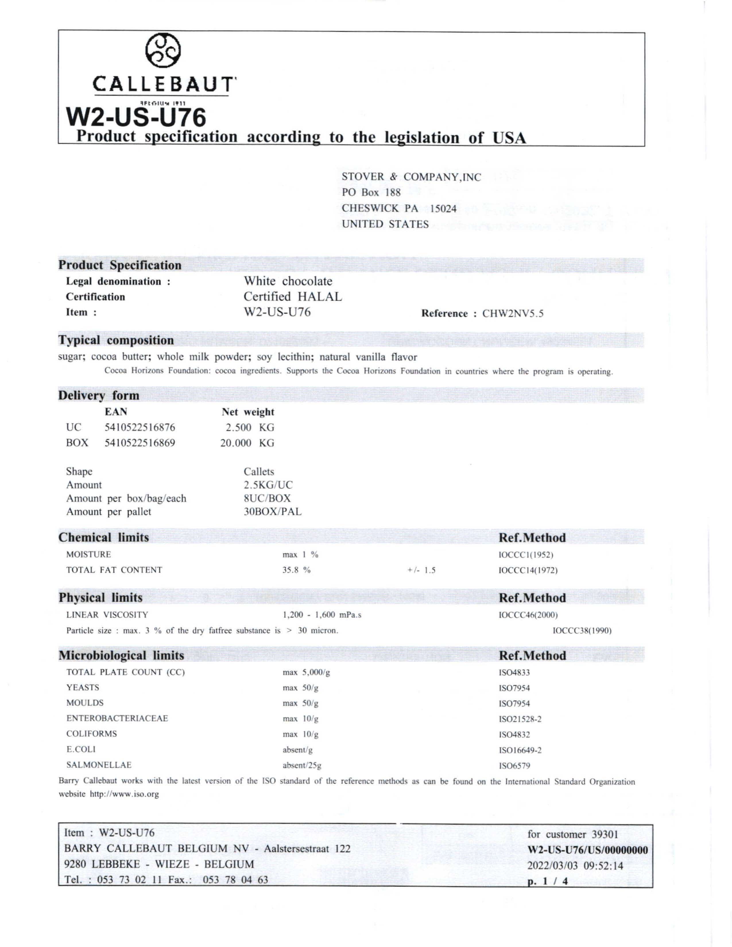 White Chocolate Callets Nutritional Info Page 1 by Callebaut at Stover & Company