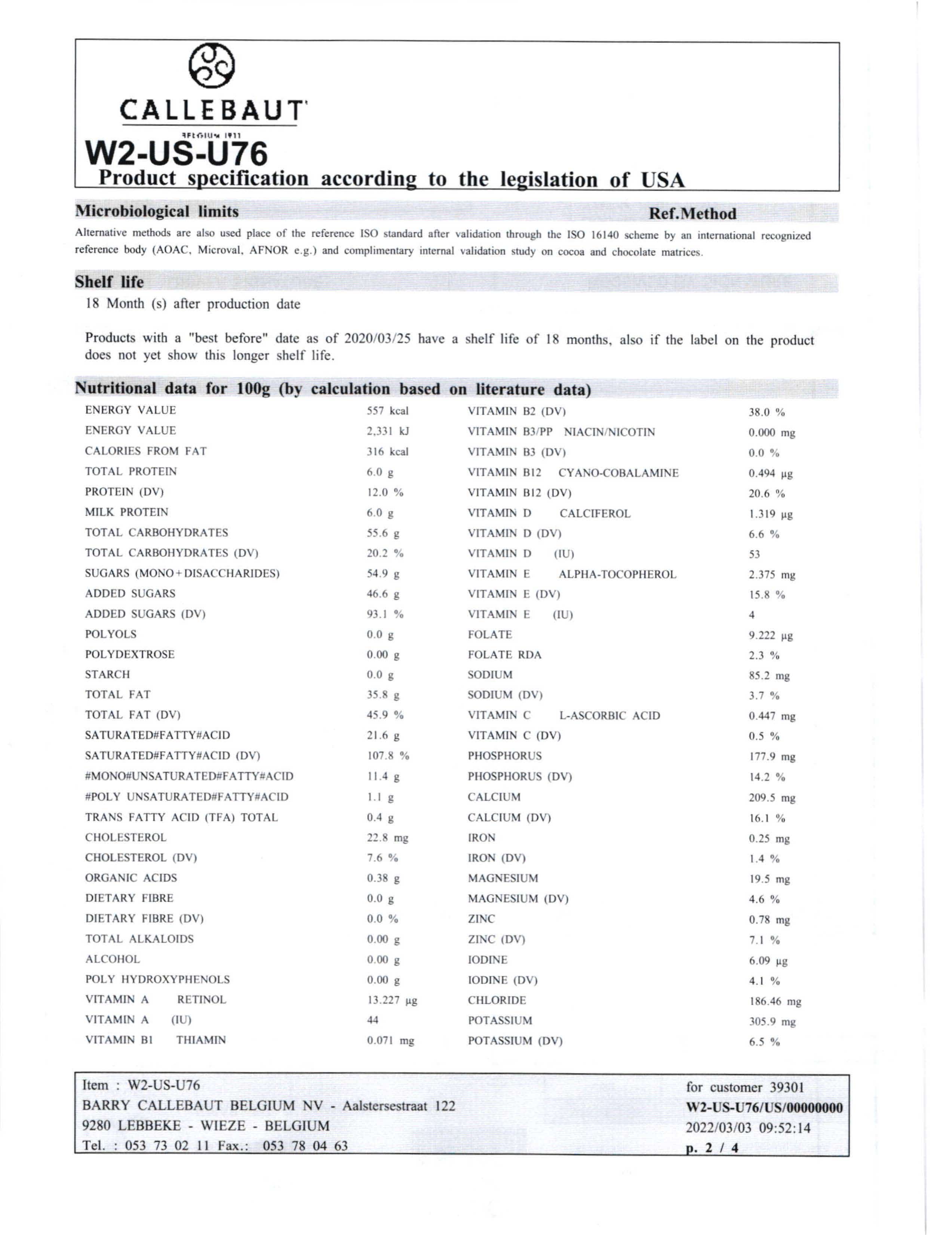 White Chocolate Callets Nutritional Info Page 2 by Callebaut at Stover & Company