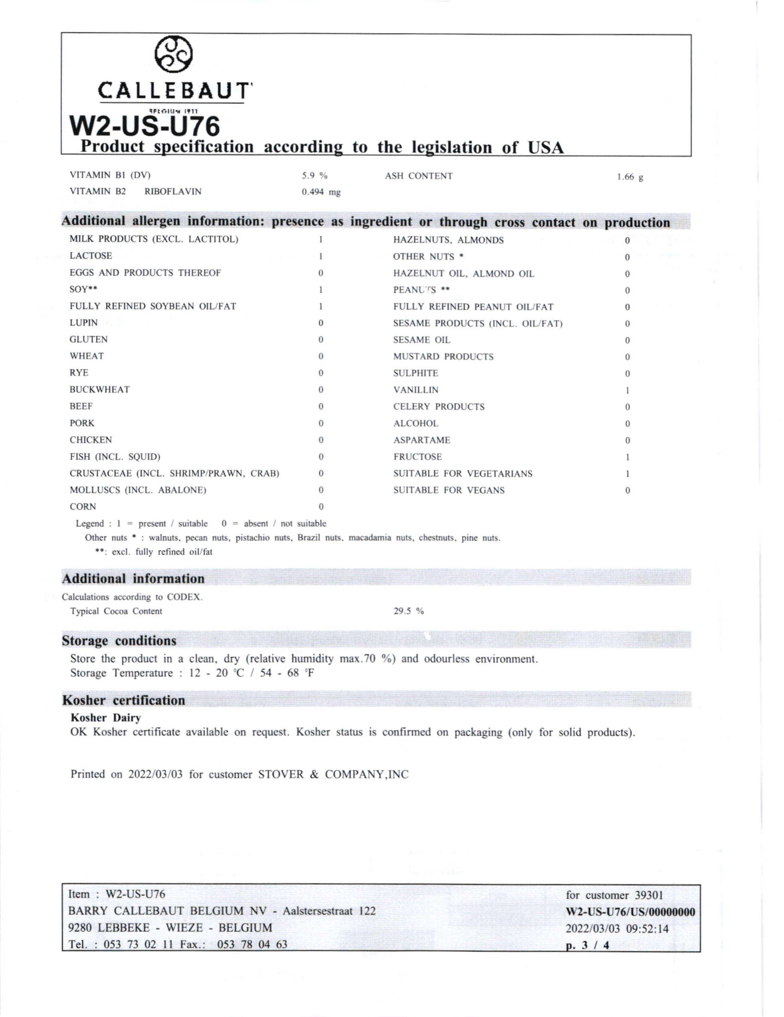 White Chocolate Callets Nutritional Info Page 3 by Callebaut at Stover & Company