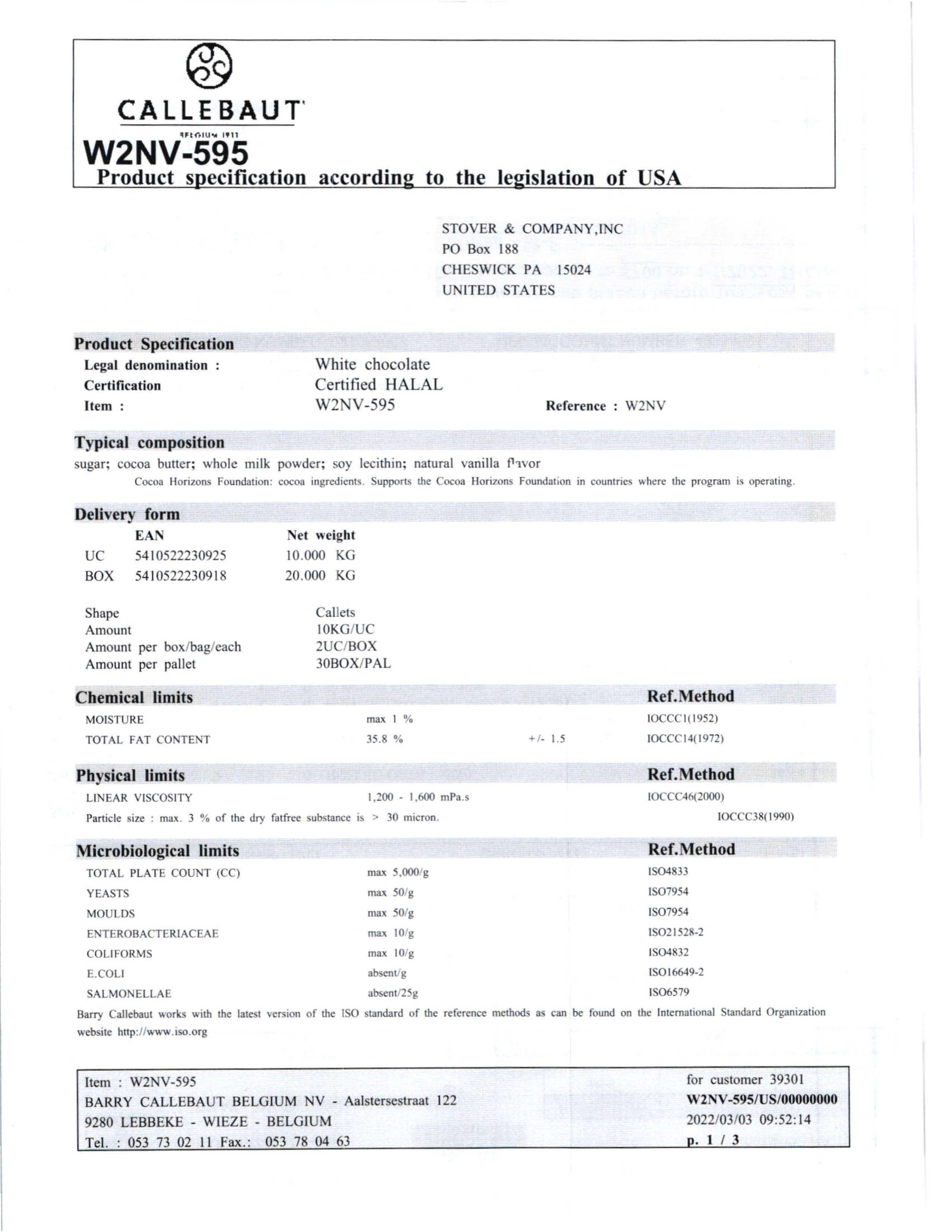 White Chocolate Callets W2 Nutritional Info Page 1 by Callebaut at Stover & Company