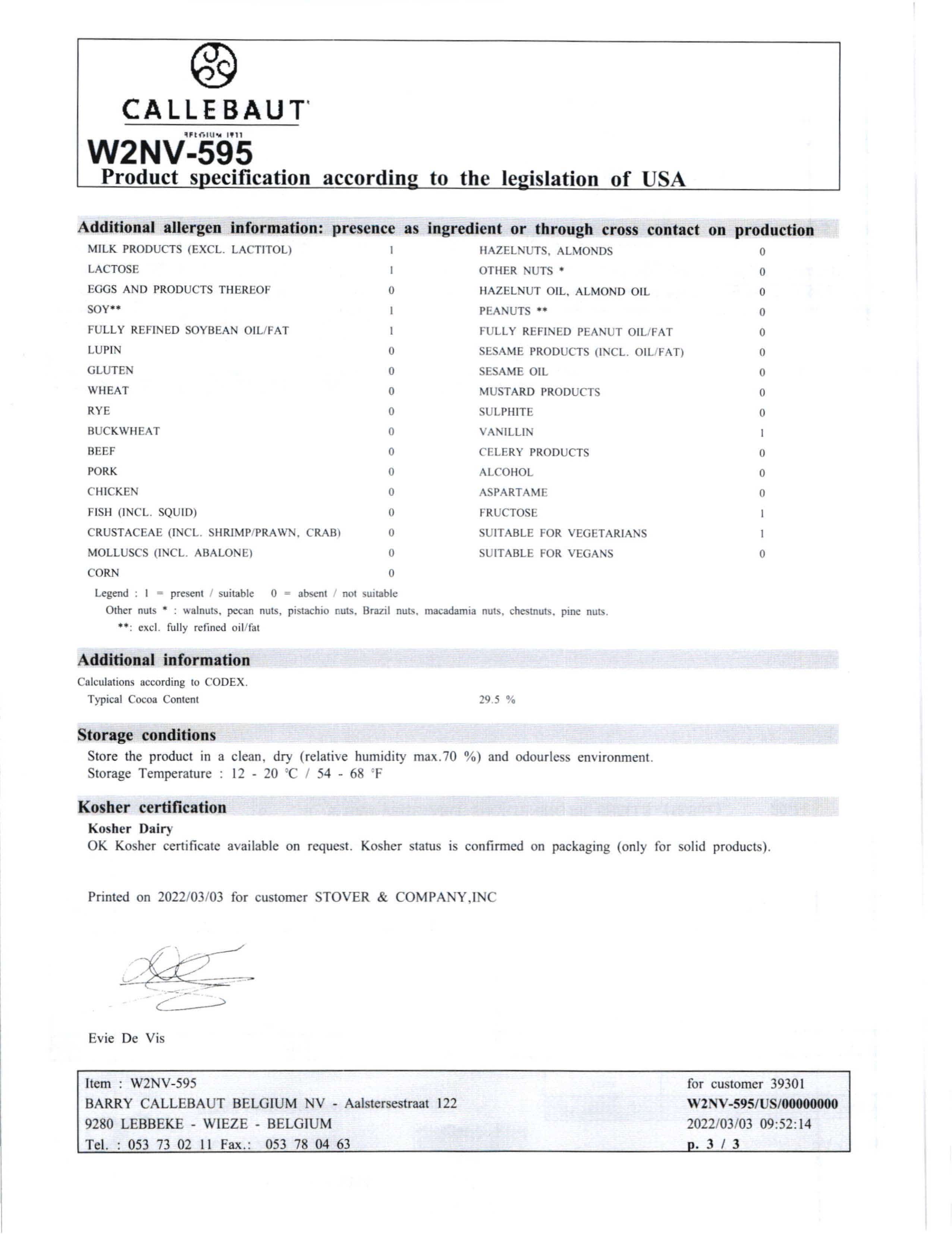 White Chocolate Callets W2 Nutritional Info Page 3 by Callebaut at Stover & Company