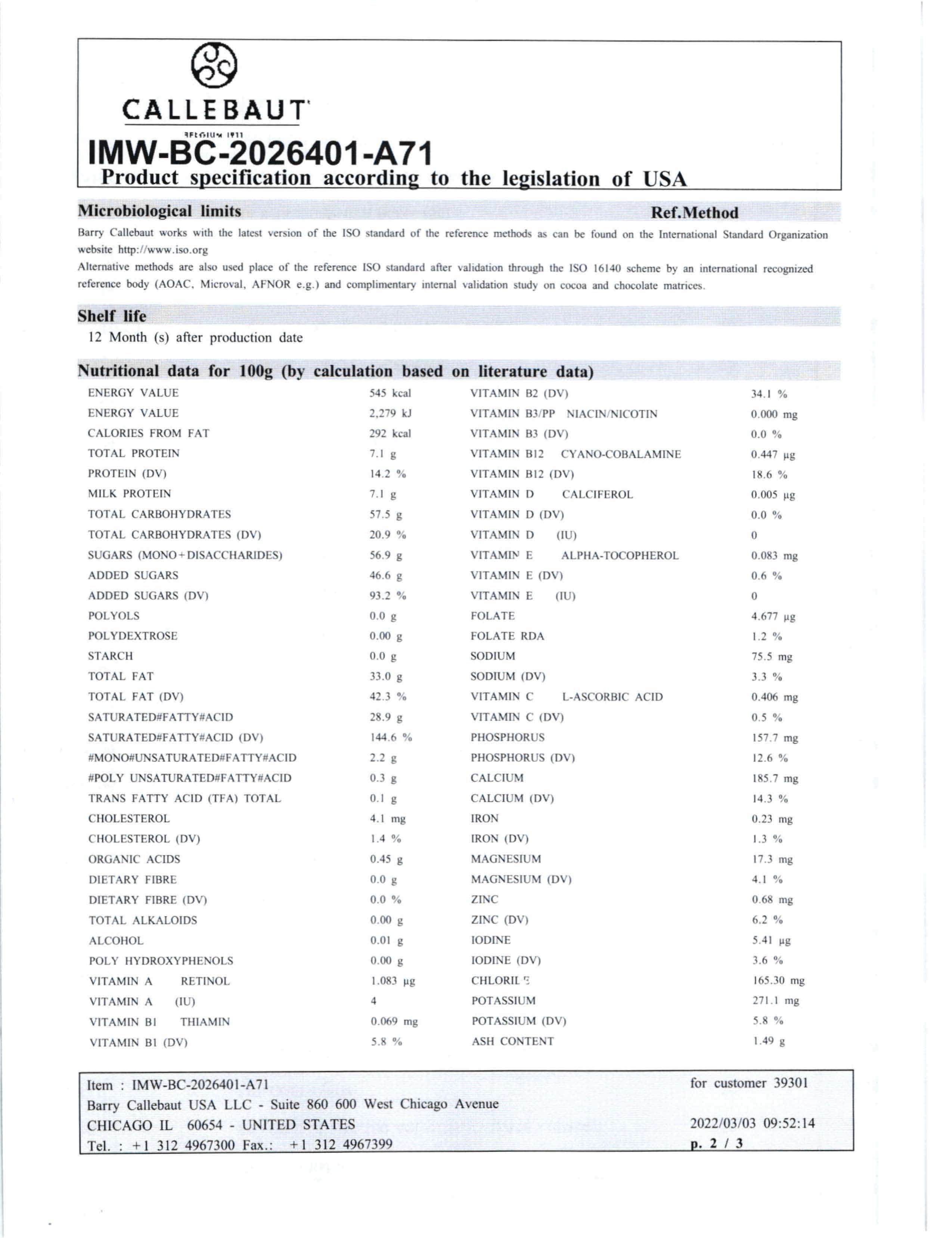 White Chocolate Classic Coating Nutritional Info Page 2 by Callebaut at Stover & Company