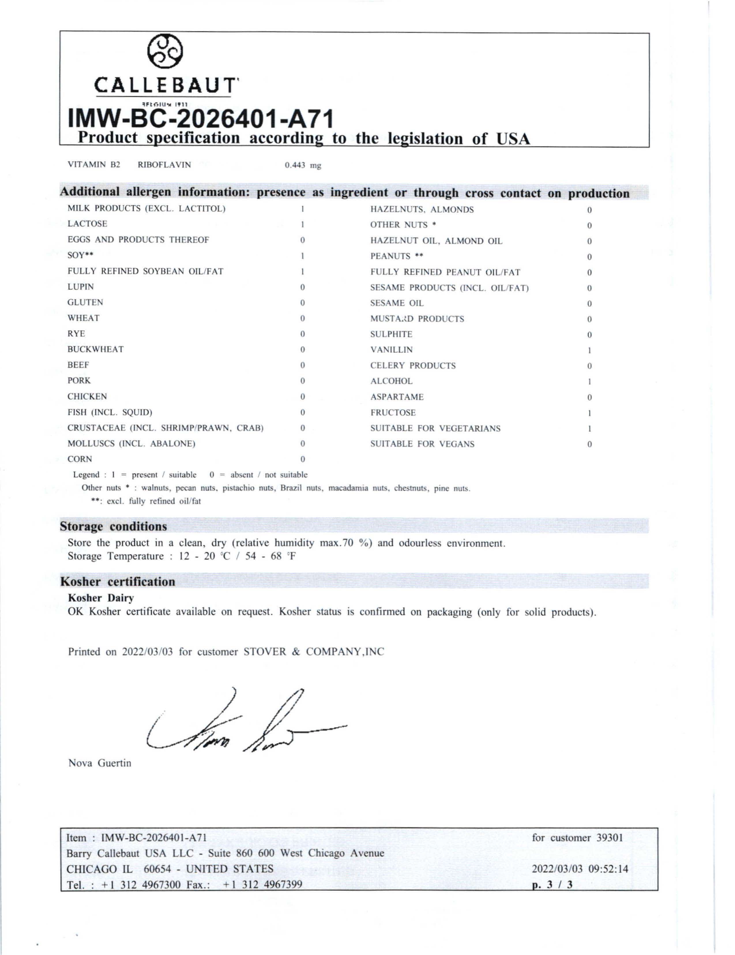 White Chocolate Classic Coating Nutritional Info Page 3 by Callebaut at Stover & Company