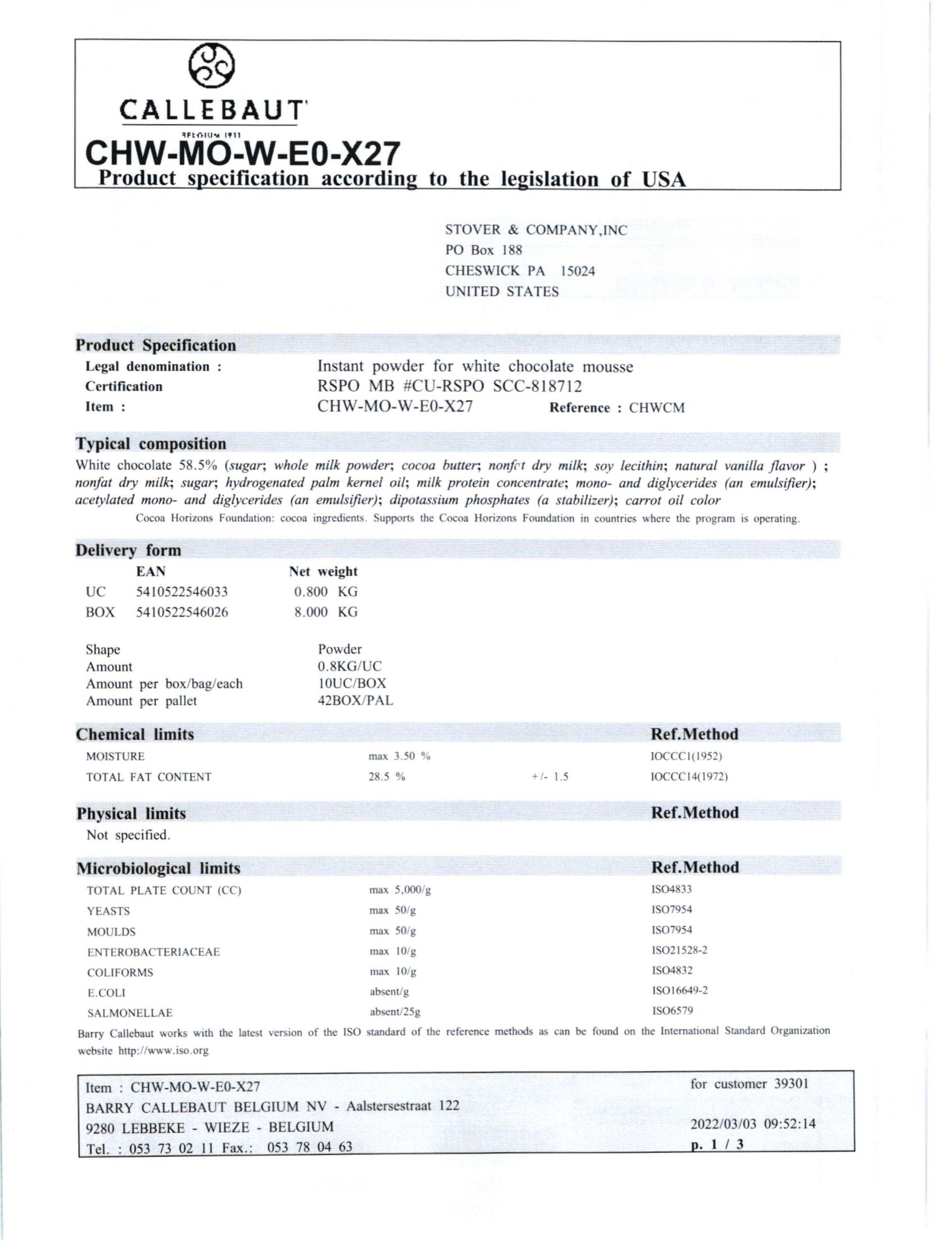 White Chocolate Mousse Nutritional Info Page 1 by Callebaut at Stover & Company