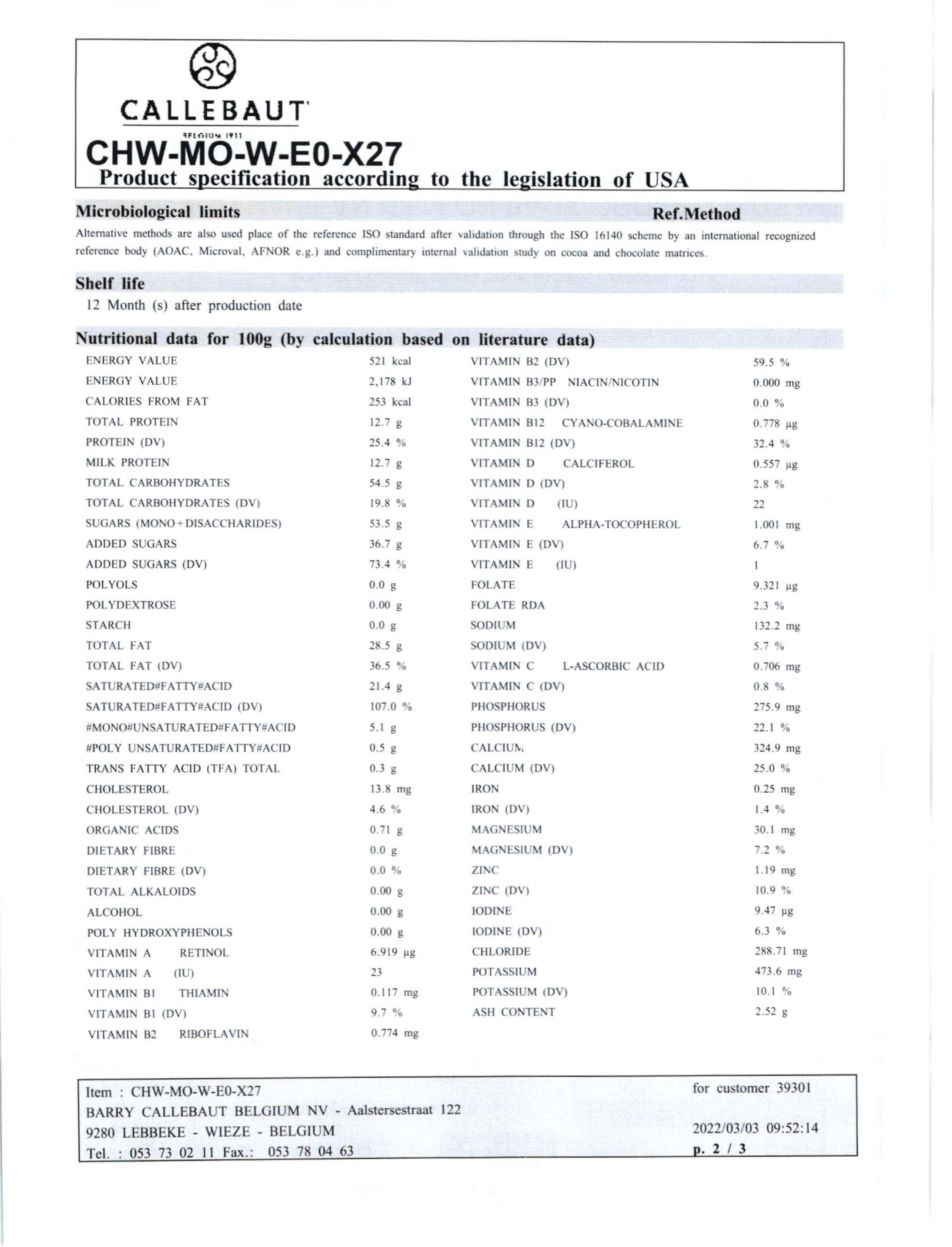 White Chocolate Mousse Nutritional Info Page 2 by Callebaut at Stover & Company