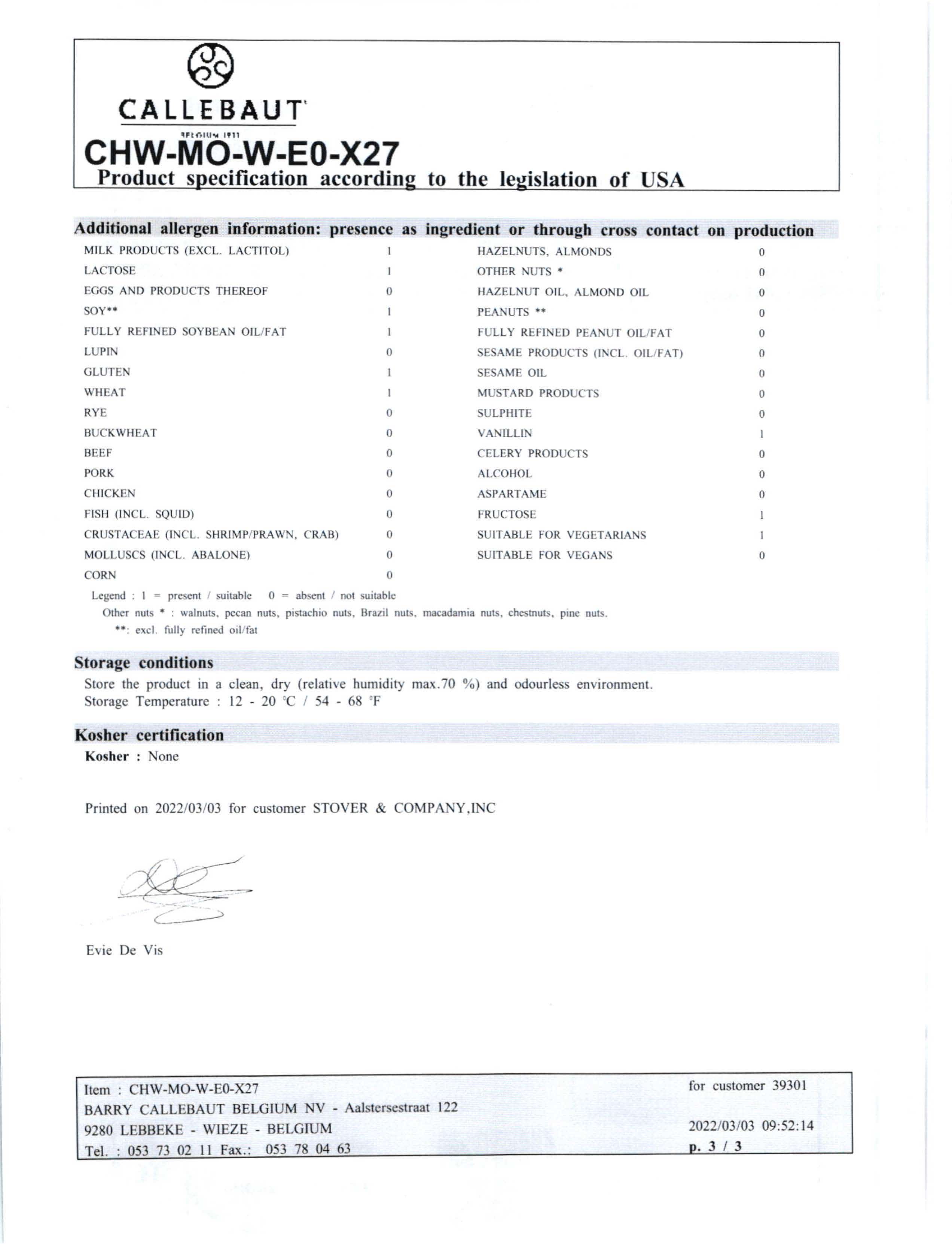 White Chocolate Mousse Nutritional Info Page 3 by Callebaut at Stover & Company