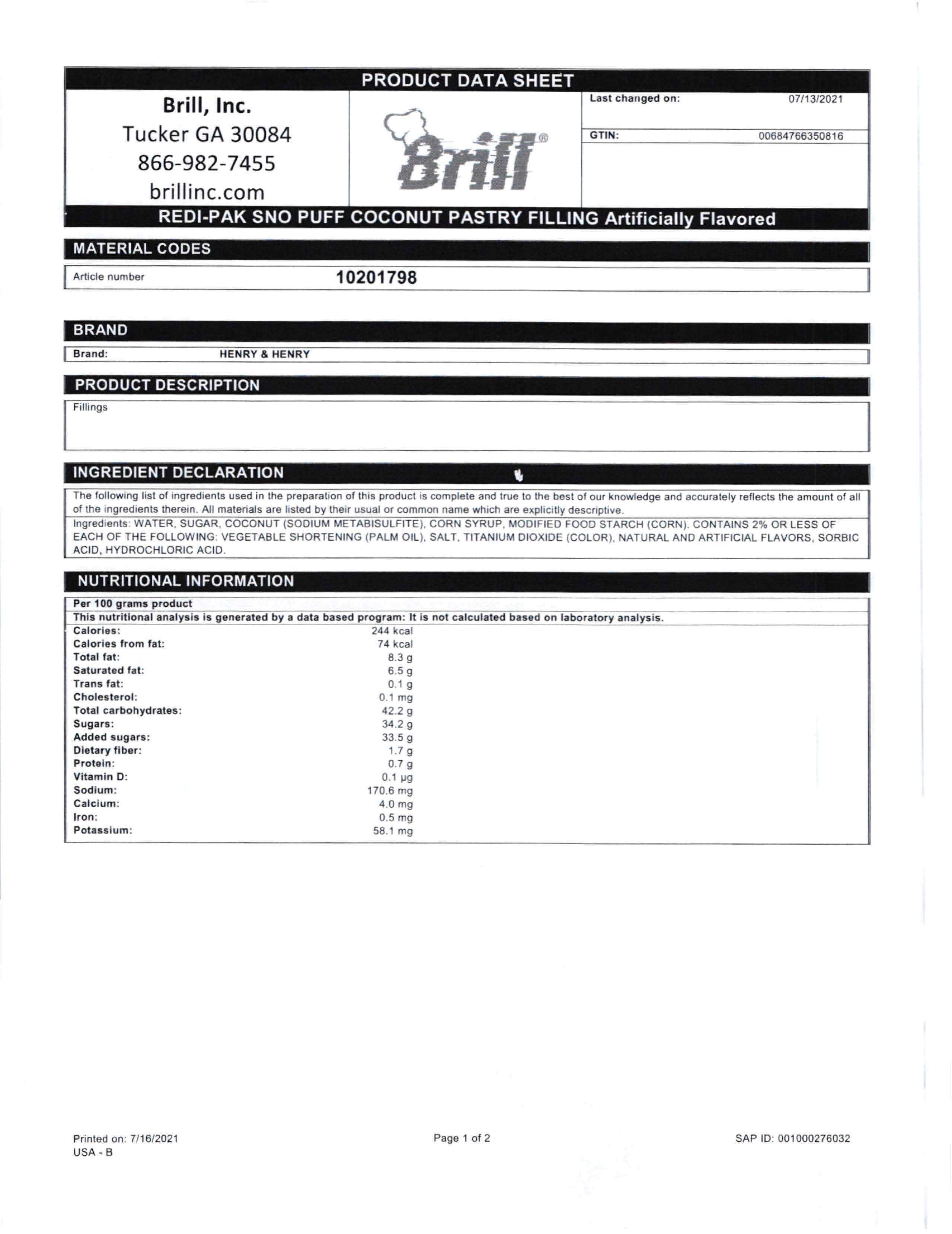 Coconut Redi-Pak Filling Nutritional Info Page 1 by Henry & Henry at Stover & Company