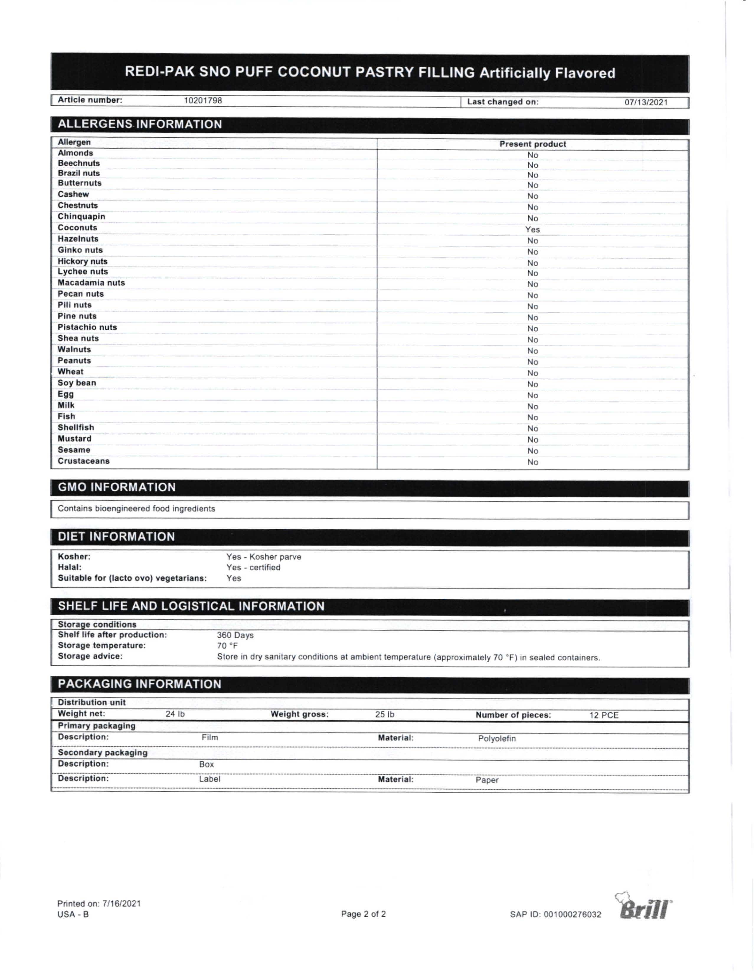 Coconut Redi-Pak Filling Nutritional Info Page 2 by Henry & Henry at Stover & Company