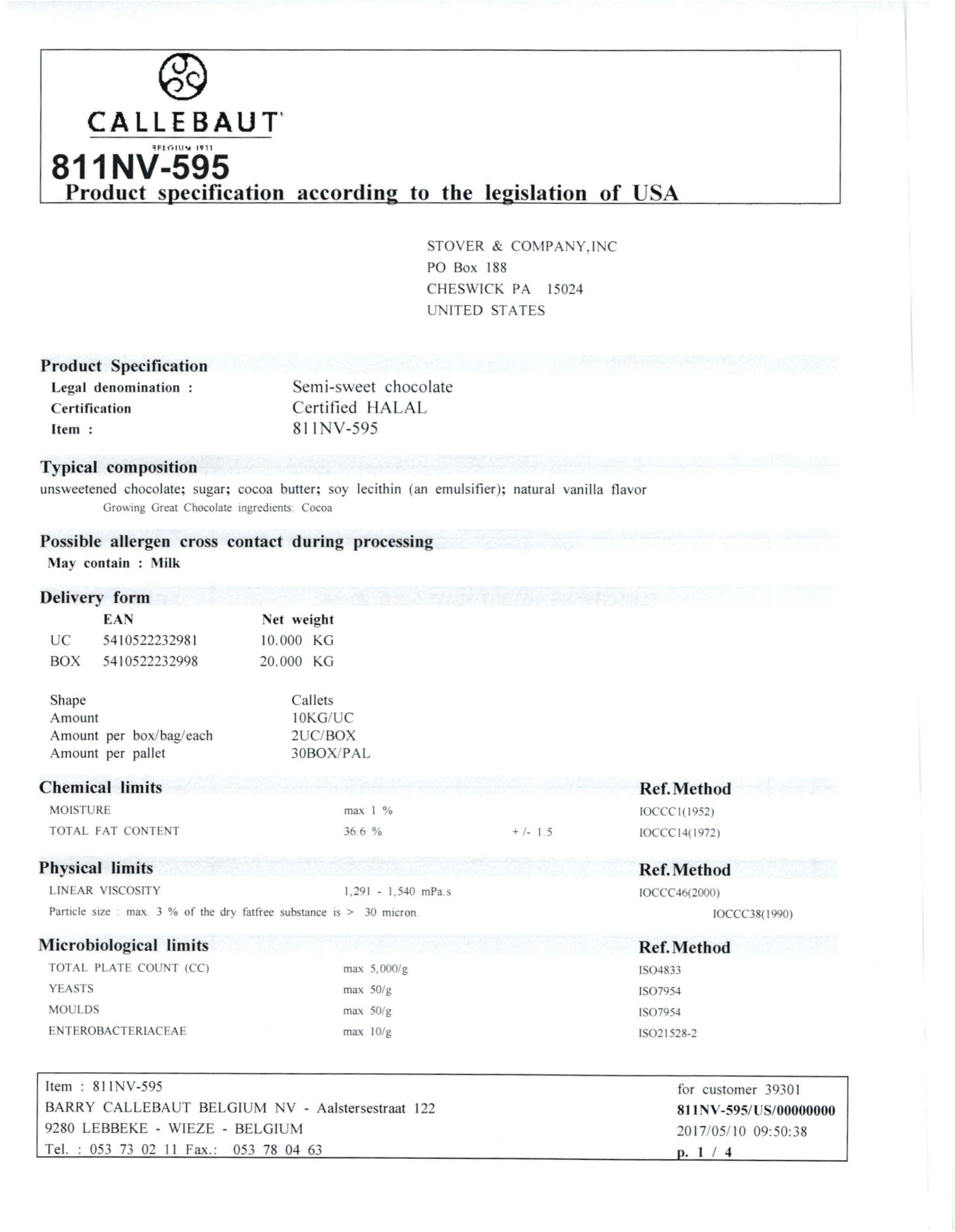 Dark Chocolate Callets 811 Nutritional Info Page 1 by Callebaut at Stover & Company