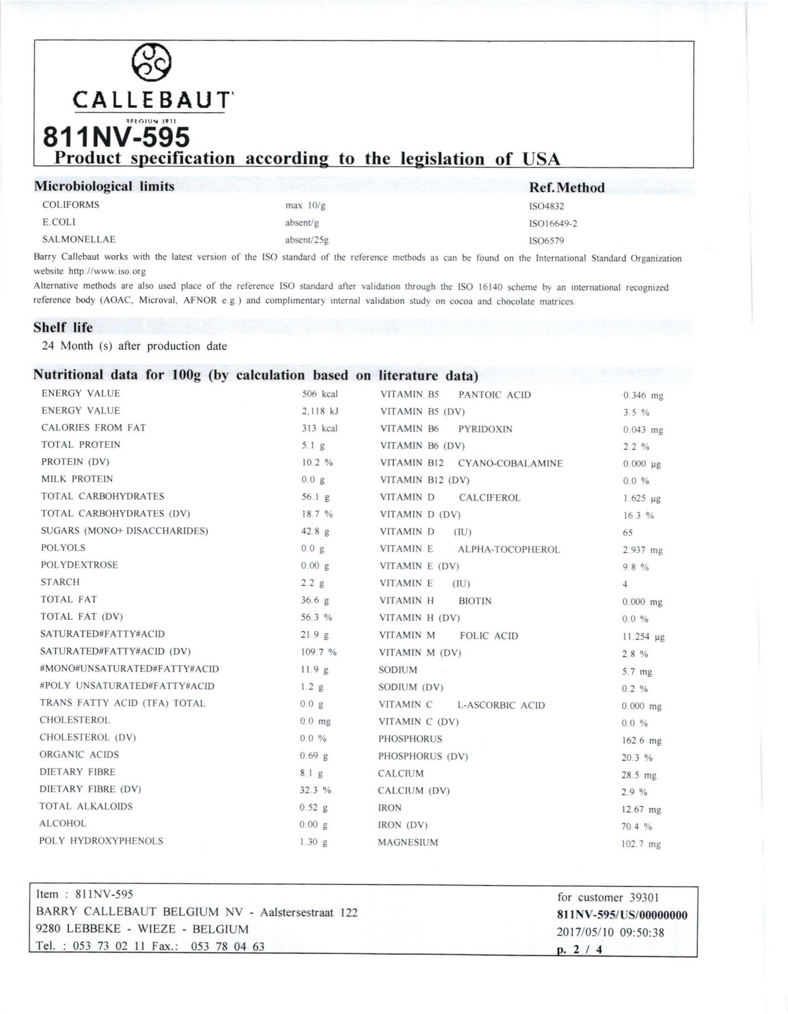 Dark Chocolate Callets 811 Nutritional Info Page 2 by Callebaut at Stover & Company